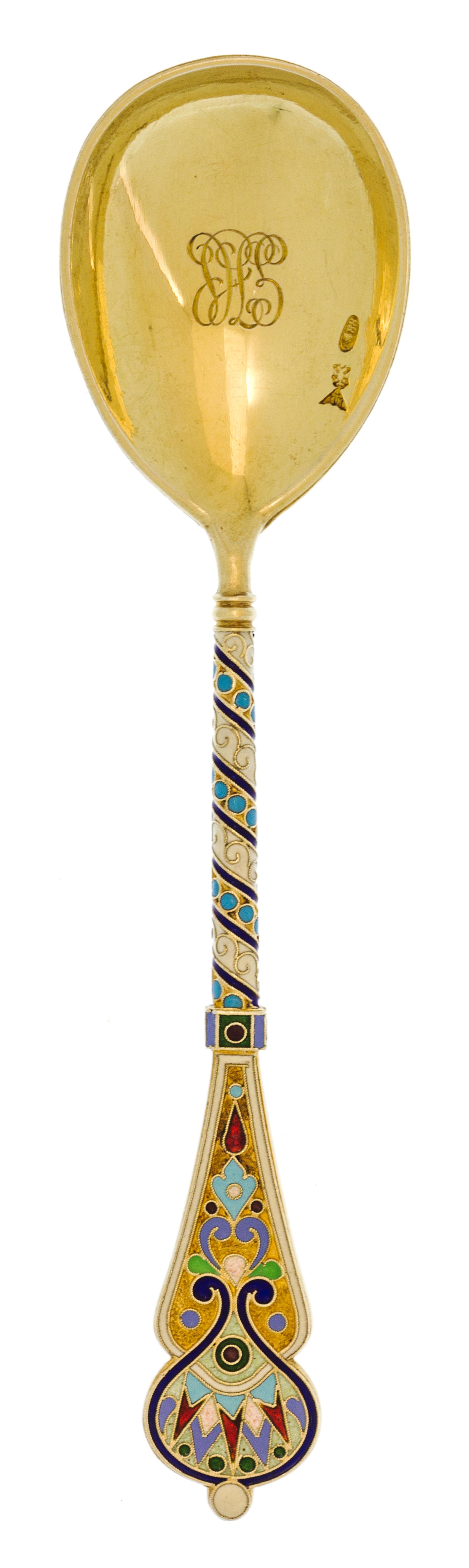 A Russian Enameled Silver-Gilt Teaspoon, Mark of Ivan Khlebnikov with Imperial warrant, Moscow, early 20th century, having an enameled