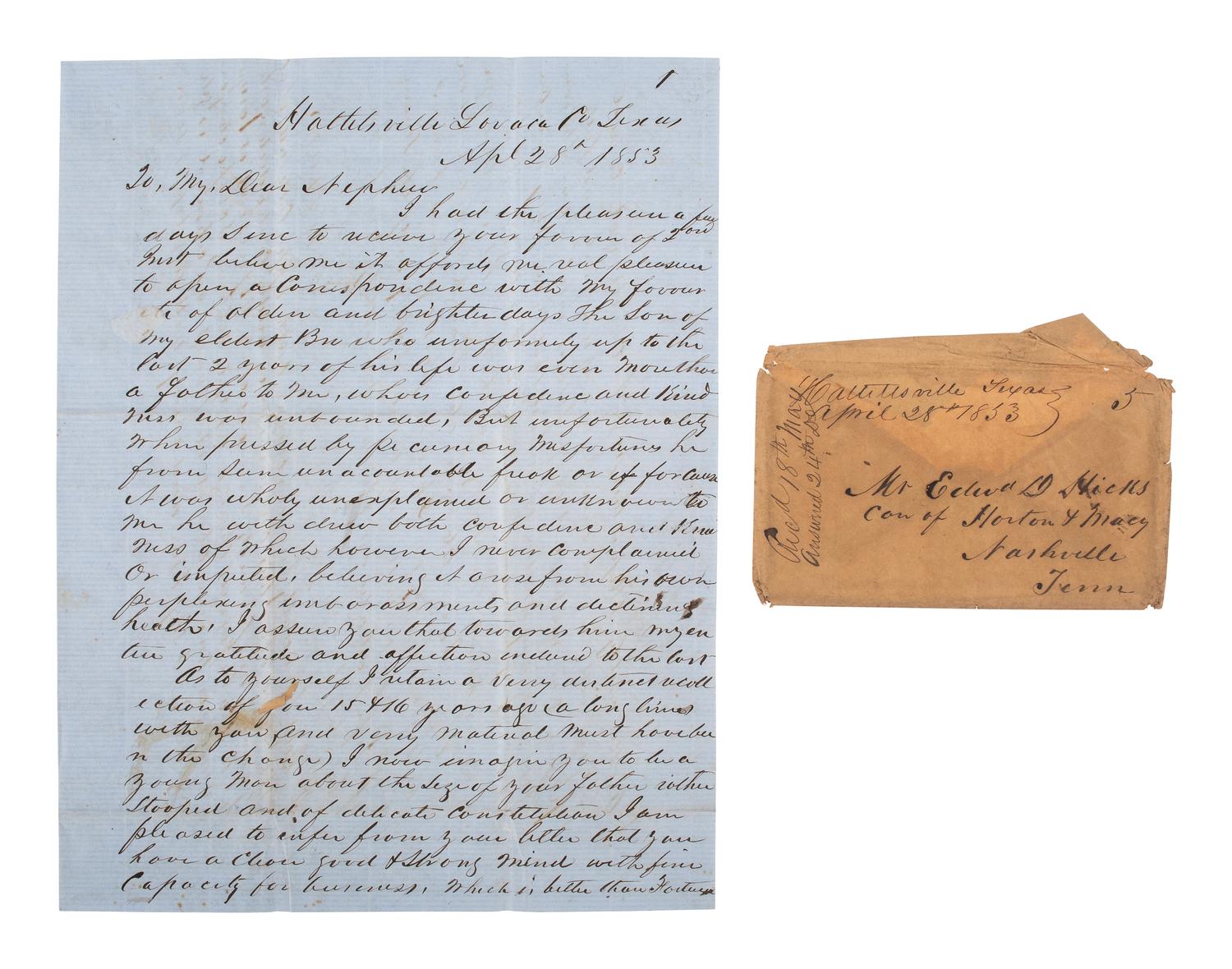 [TEXAS]. A letter from an enslaver detailing the value of enslaved persons and noting the recent discovery of gold. Hallettsville, TX, 28 April 1853. [With:] Additional letter to same recipient.