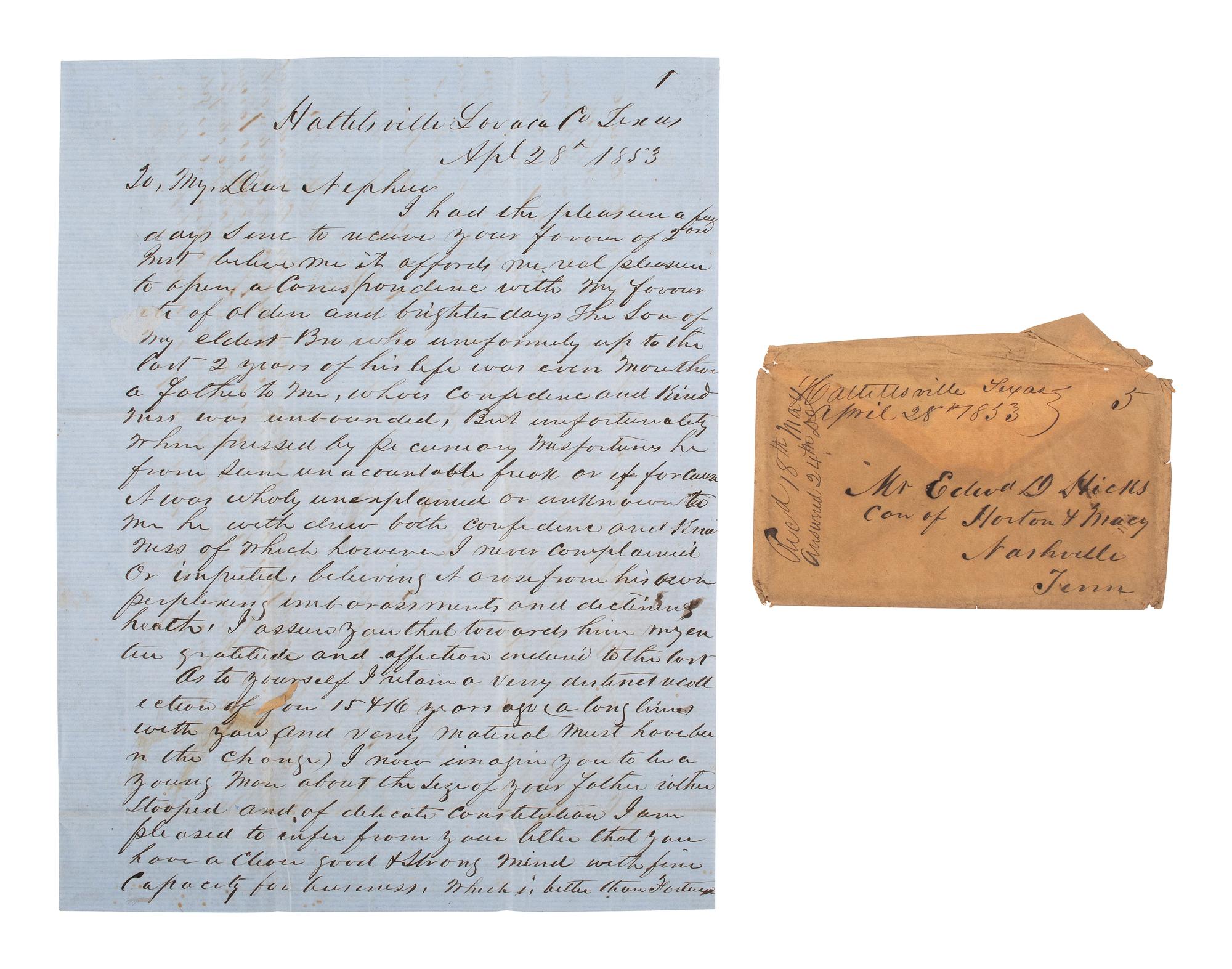 [TEXAS]. A letter from an enslaver detailing the value of enslaved persons and noting the recent discovery of gold. Hallettsville, TX, 28 April 1853. [With:] Additional letter to same recipient.
