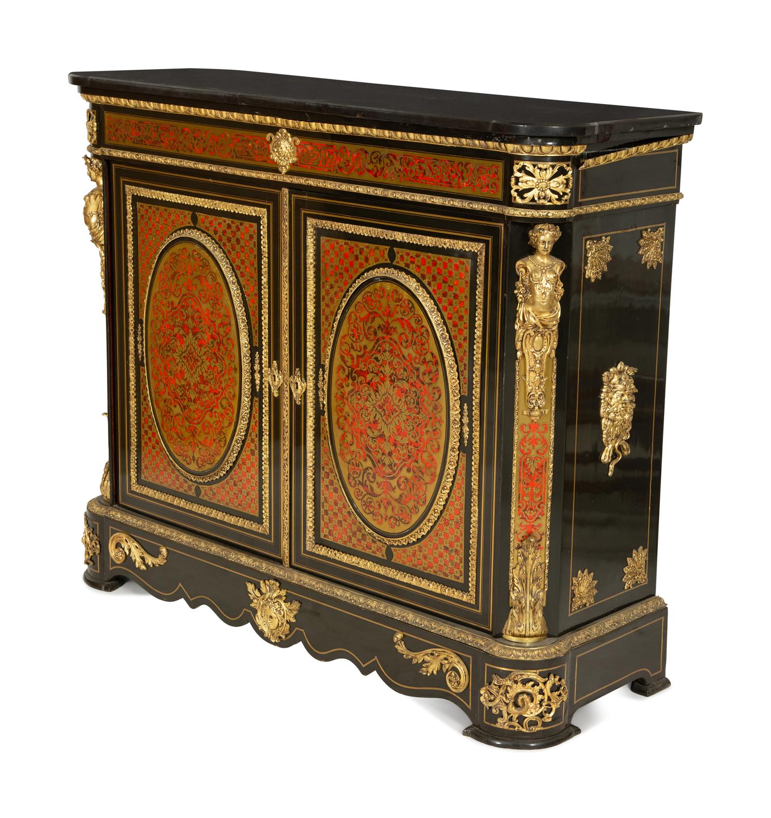 A Napoleon III Gilt Bronze Mounted Boulle Marquetry Marble-Top Console Cabinet