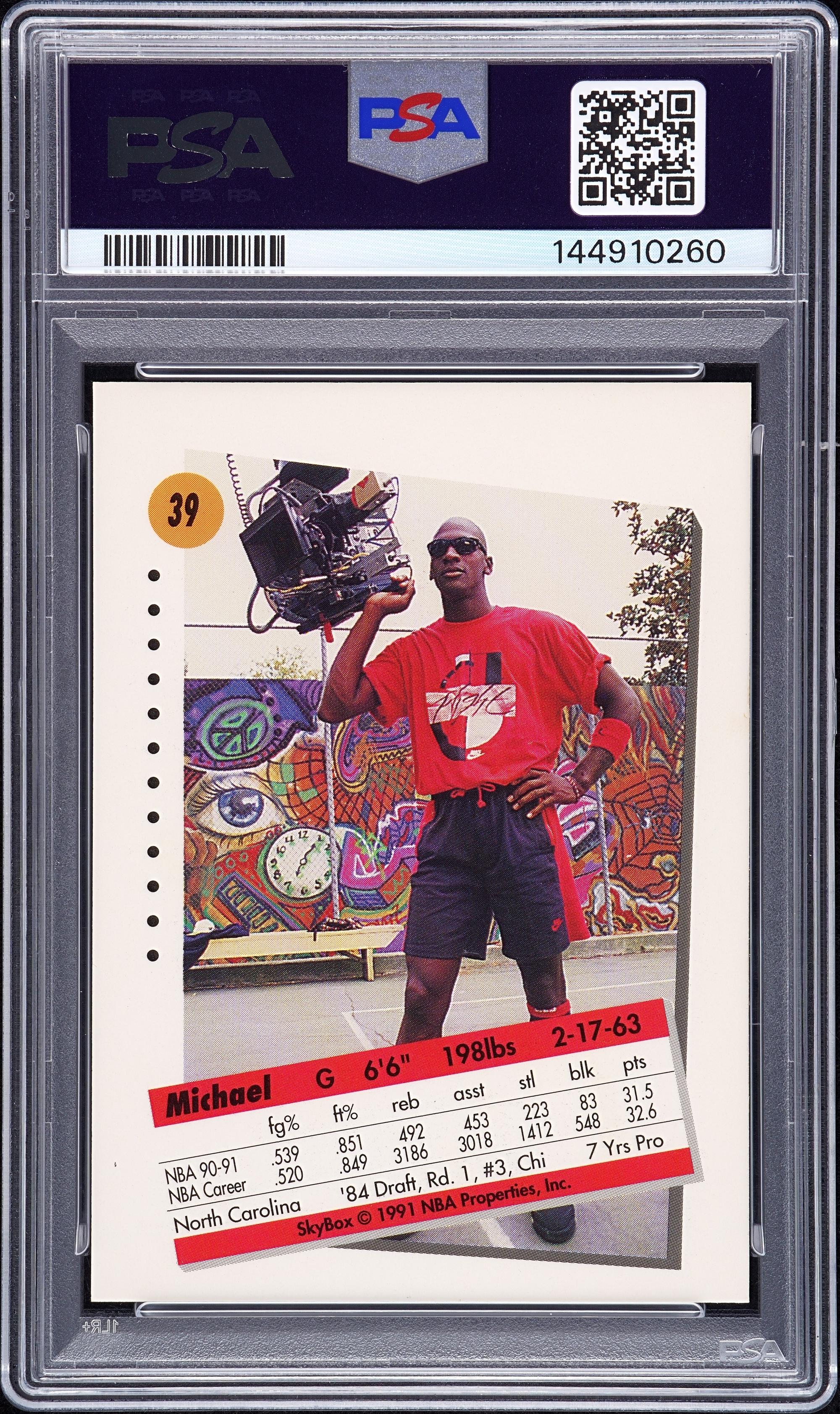 A 1991 Skybox Michael Jordan Signed Autograph Basketball Card No. 39 (PSA 7 AUTO) — Autograph obtained from Jordan by Make-A-Wish child in 1992 at Chicago Stadium