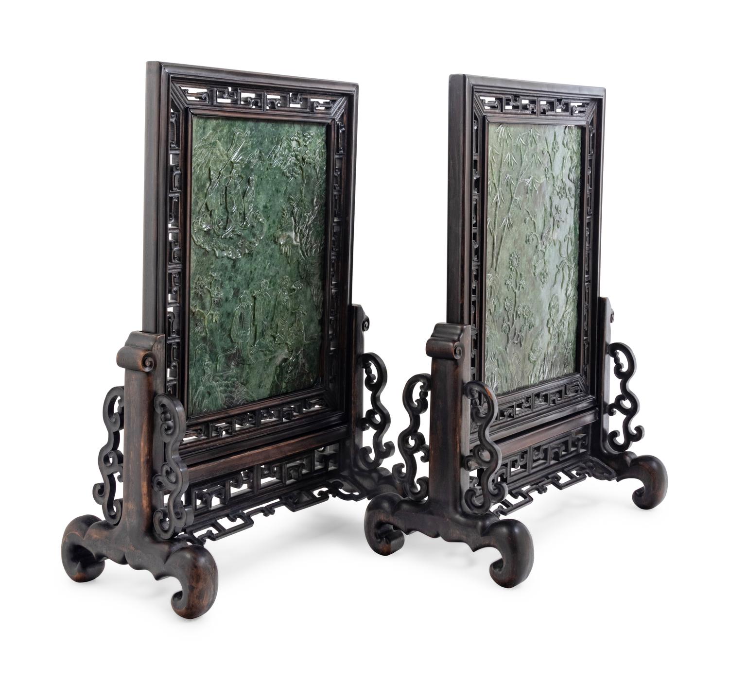 A Pair of Chinese Export Spinach Jade and Pierce Carved Hardwood Table Screens
