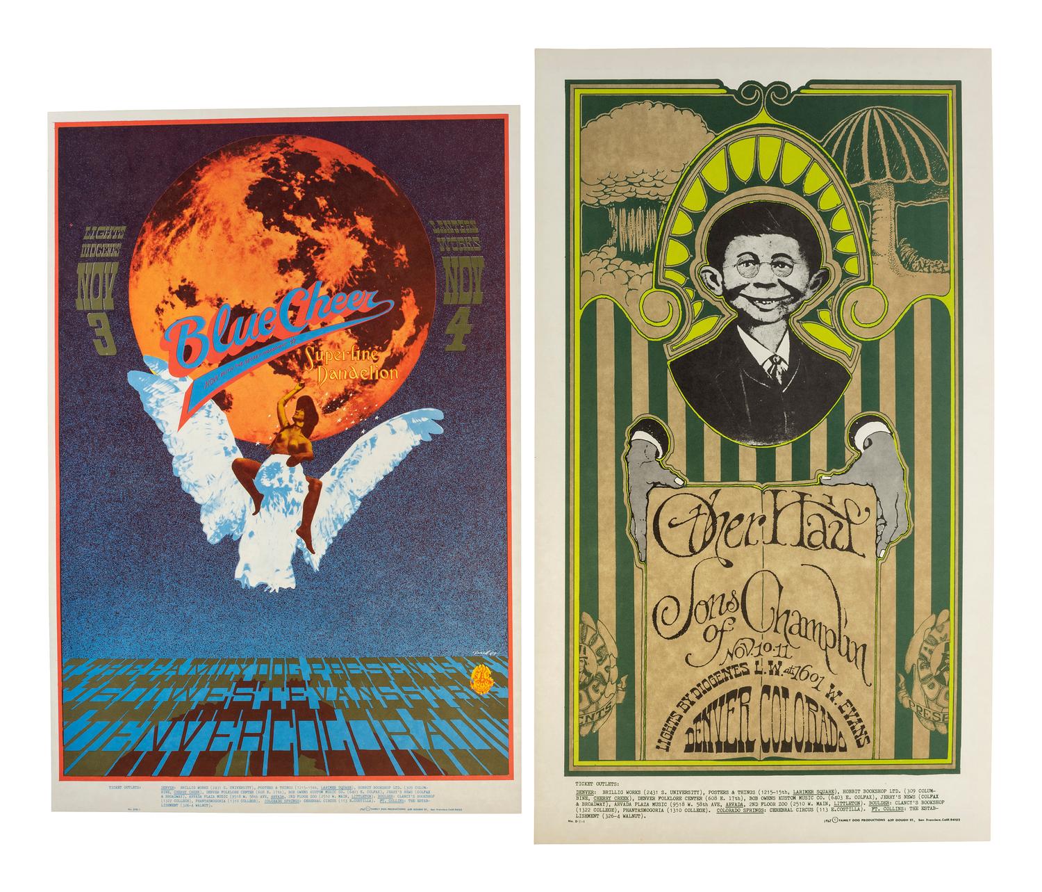 [MUSIC] -- [POSTERS]. FRIED, Robert, KELLEY, Alton, and MOUSE, Stanley, GRIFFIN, Rick, artists. A group of 6 Family Dog posters from 1967 promoting shows in Denver, Colorado, comprising: