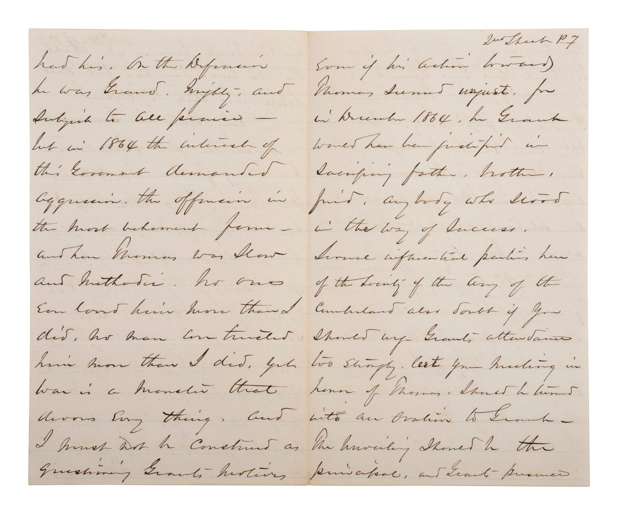 [CIVIL WAR]. SHERMAN, William Tecumseh (1820-1891). Autograph letter signed ("W.T. Sherman"), as Commanding General of the US Army, to General Henry M. Cist (1839-1902). Washington, D.C. 2 November 1879.