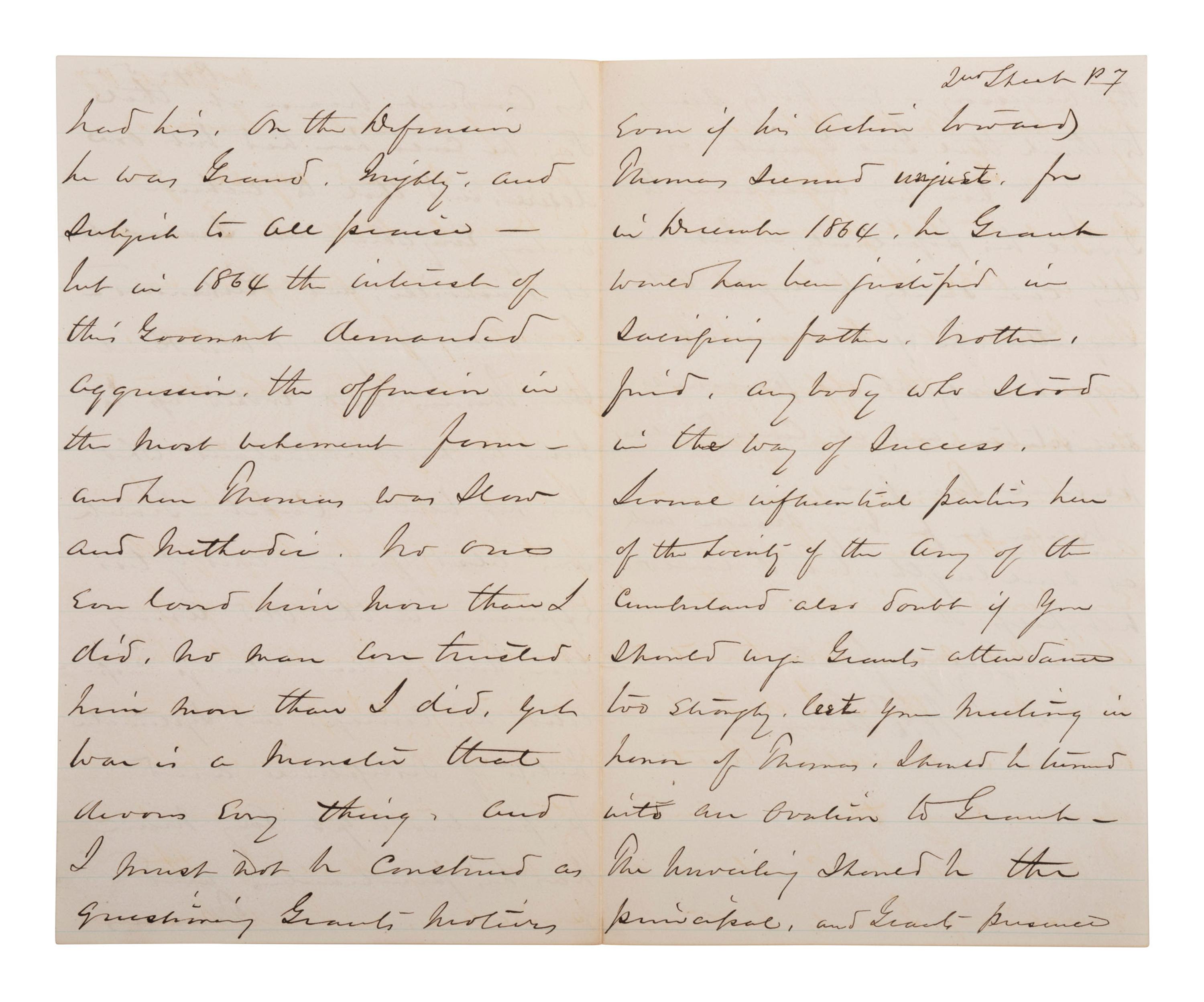 [CIVIL WAR]. SHERMAN, William Tecumseh (1820-1891). Autograph letter signed ("W.T. Sherman"), as Commanding General of the US Army, to General Henry M. Cist (1839-1902). Washington, D.C. 2 November 1879.