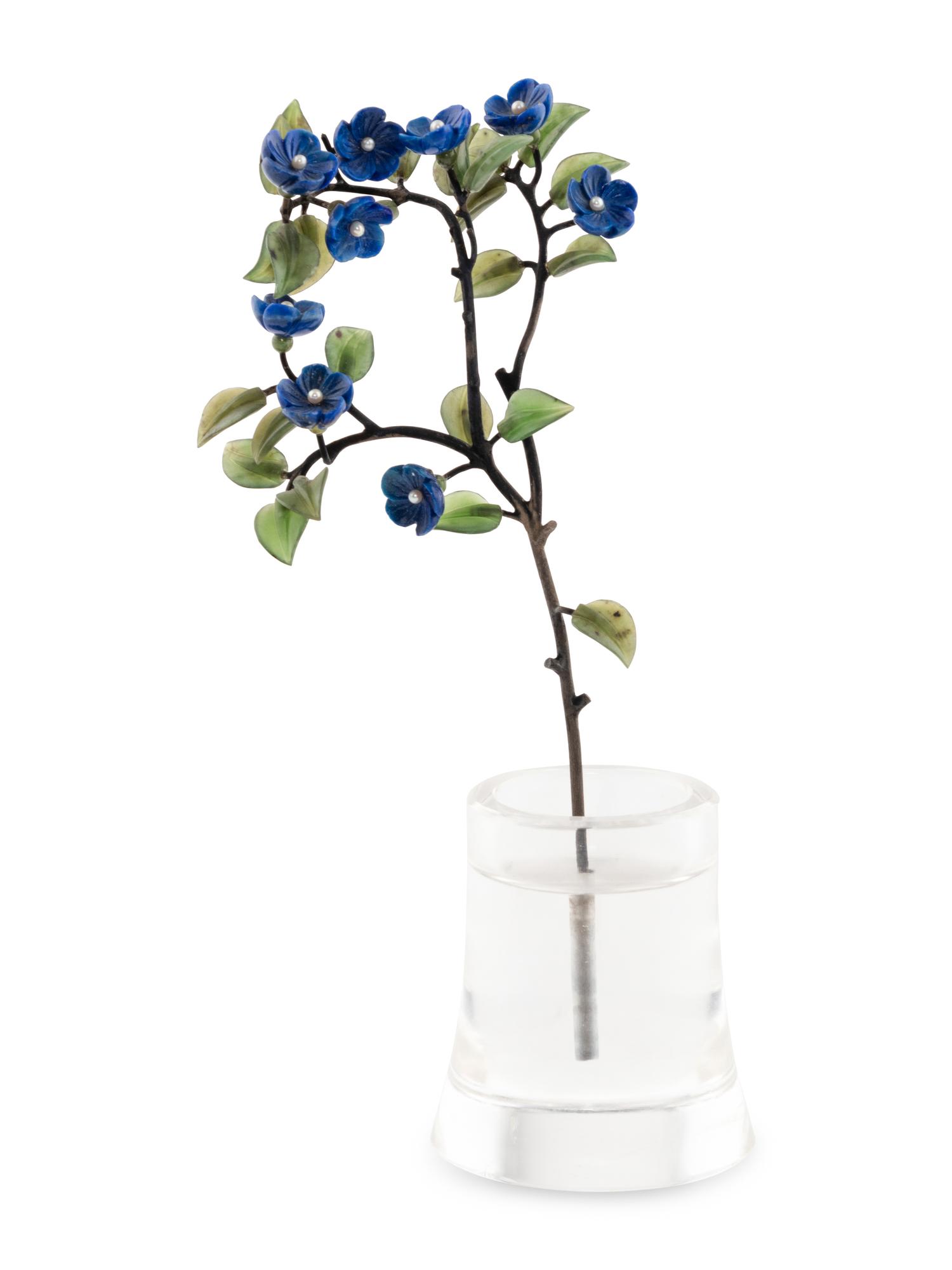 A Pearl Mounted Carved Rock Crystal, Lapis Lazuli and Silver Forget-me-not Flower Study