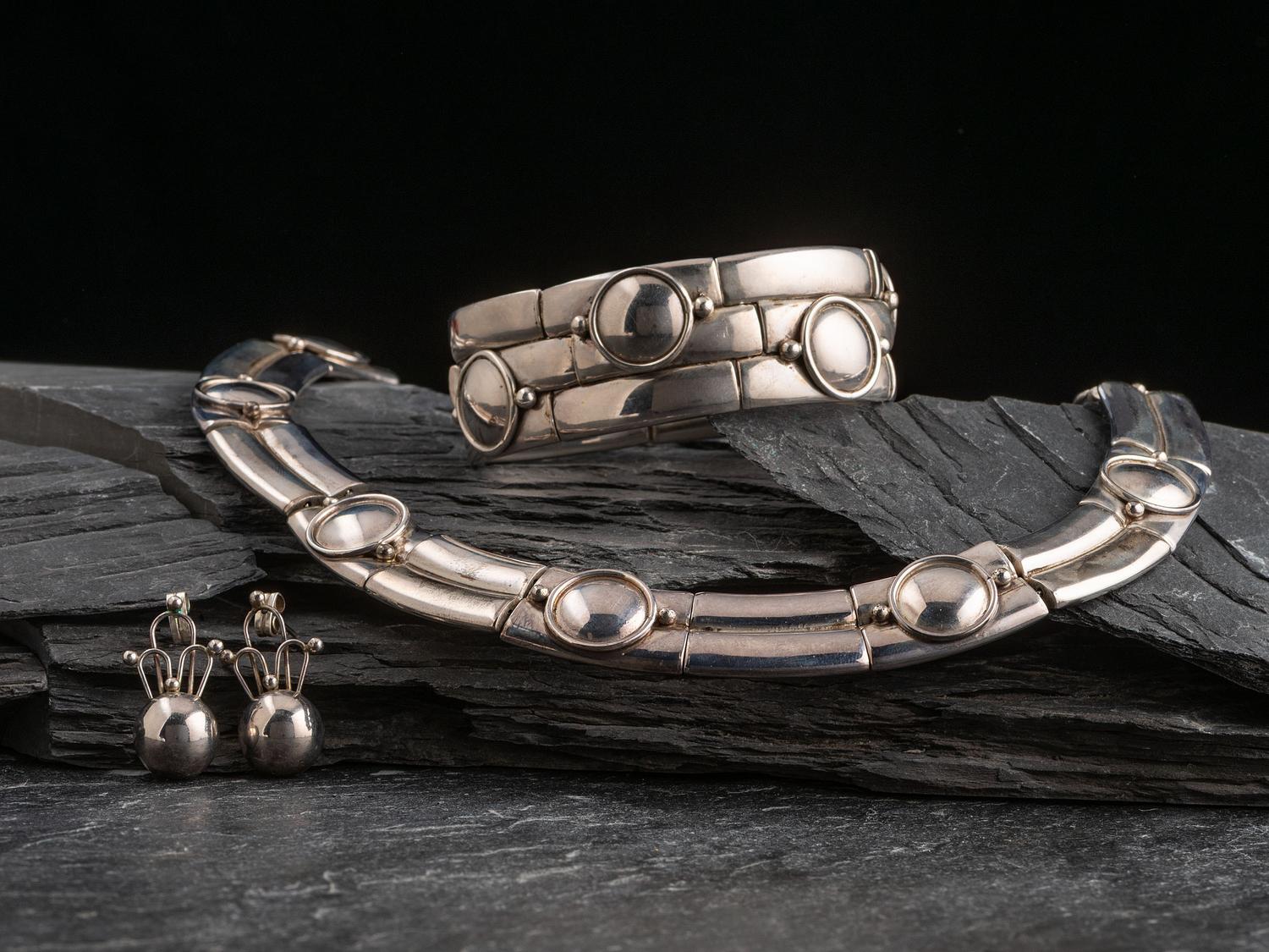 Taxco Sterling Silver Choker Necklace, Bracelet, and Earring Suite