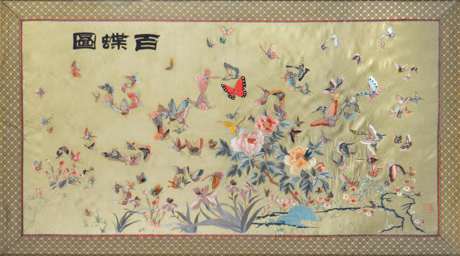 A Large Framed Chinese Embroidered Work on Silk — 20TH CENTURY