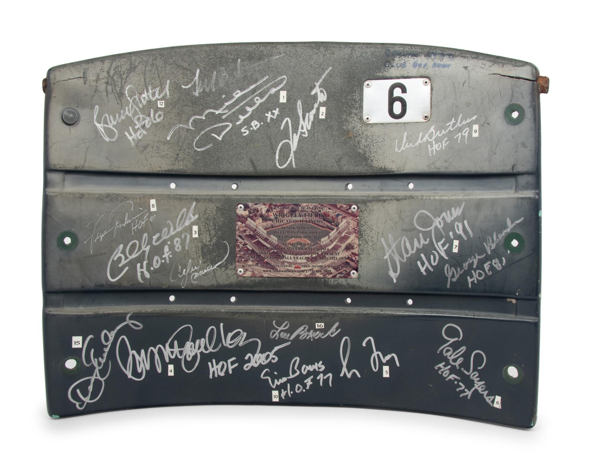 An Impressive Chicago Football and Baseball Hall of Fame Signed Autograph Vintage Wrigley Field Seatback (Beckett Authentication Services Letter BAS Certified),