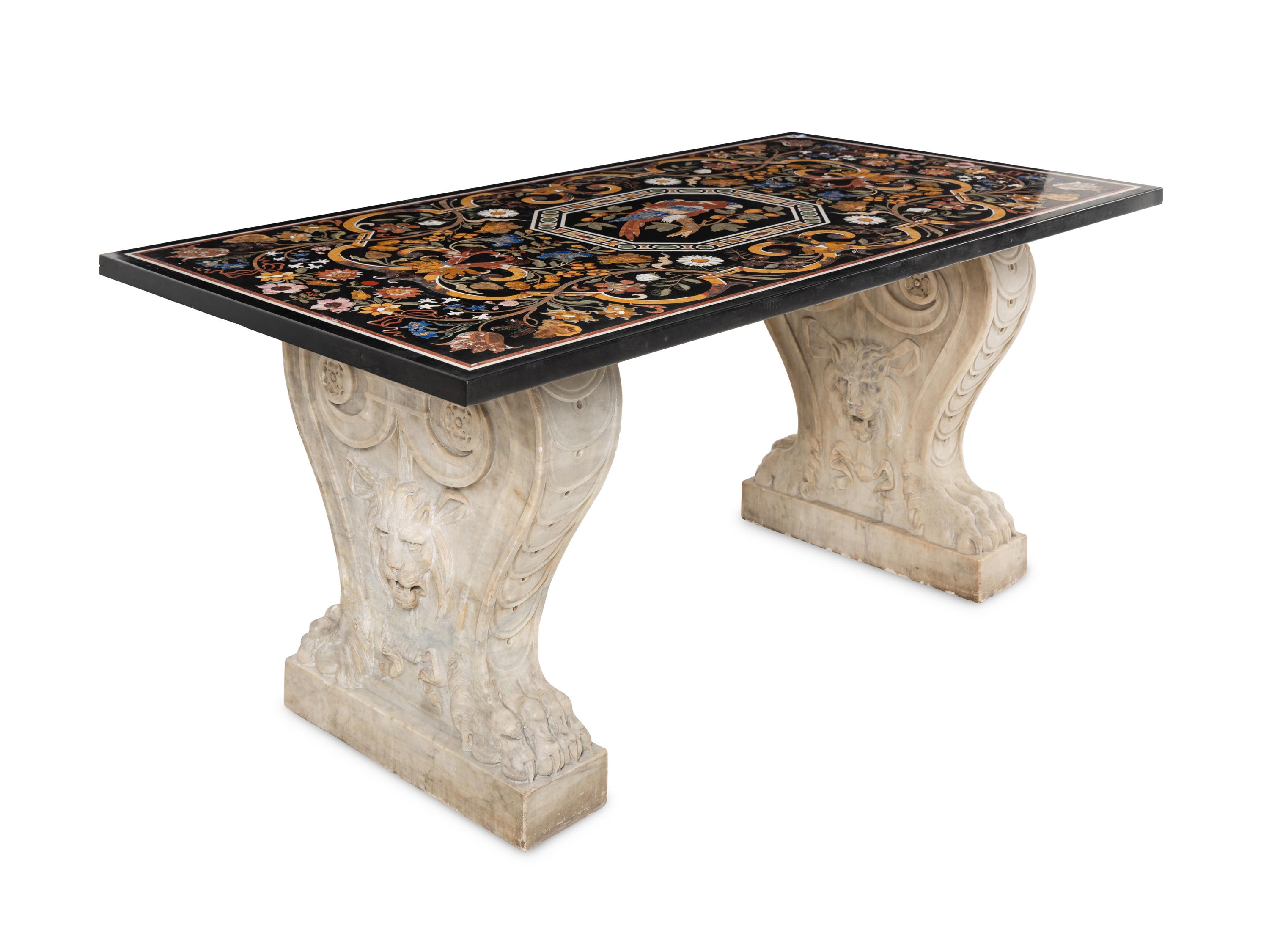 An Italian Pietra Dura Table Top and Pair of Italian Marble Volute Carved Supports