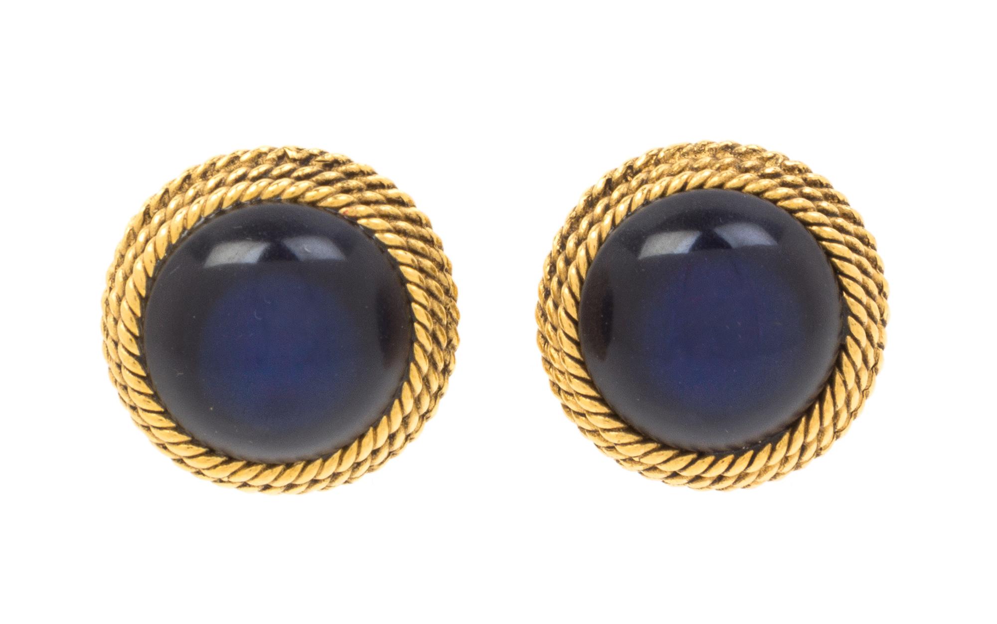 A Pair of Chanel Blue Glass Earclips, 1" x 1".