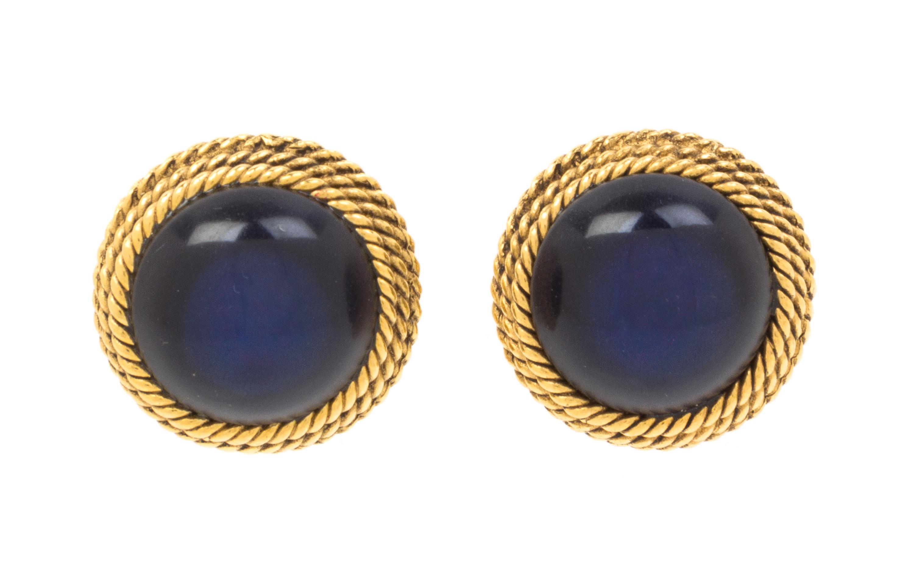 A Pair of Chanel Blue Glass Earclips, 1" x 1".