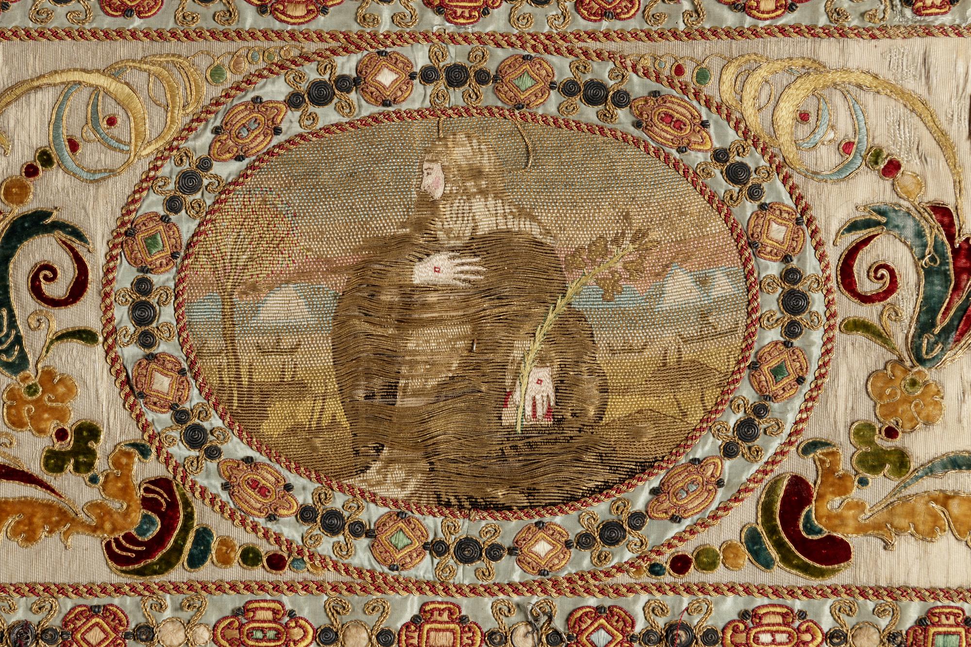 A Continental Petit-Point and Metallic Thread Embroidered Ecclesiastical Panel