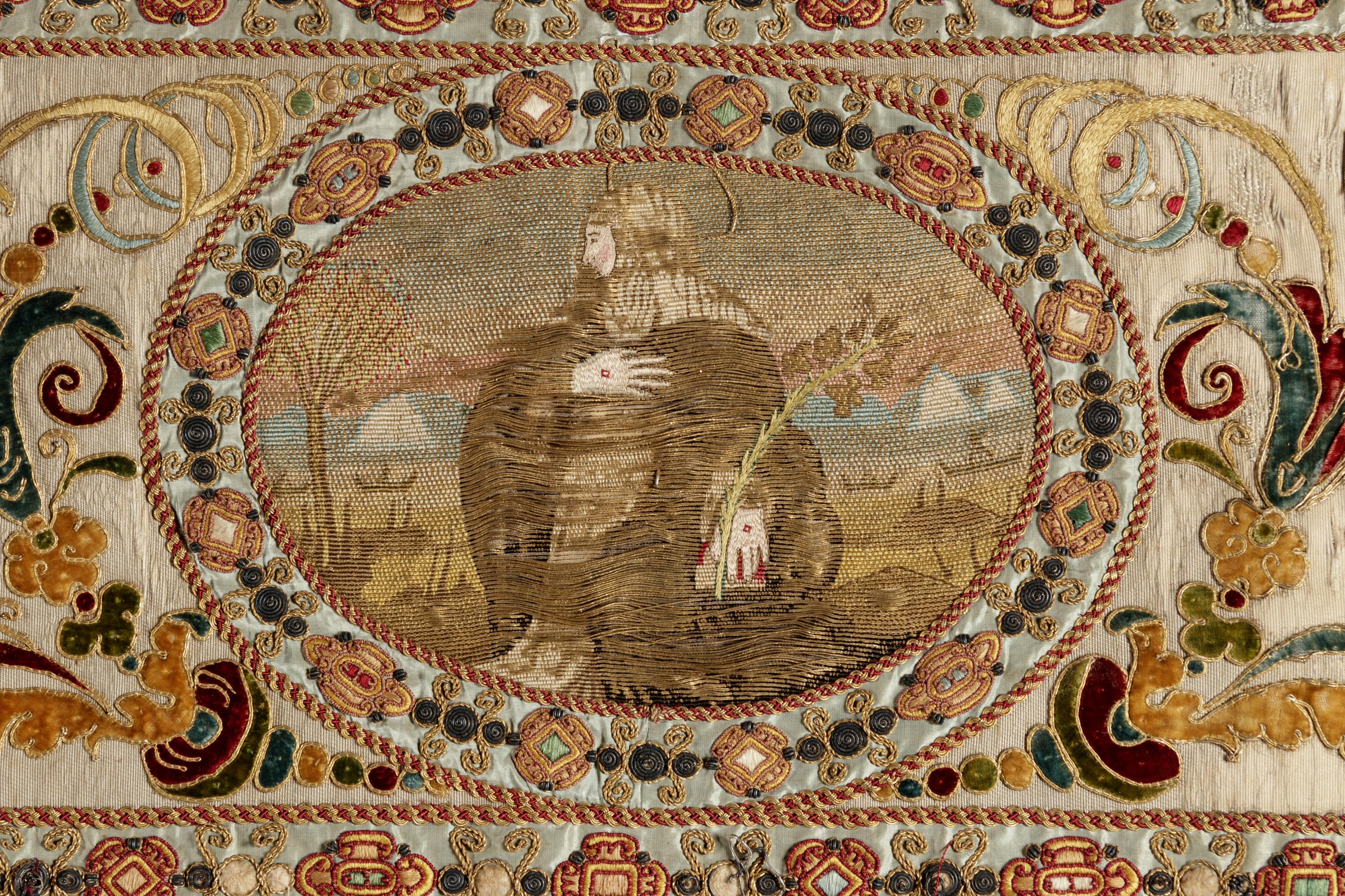 A Continental Petit-Point and Metallic Thread Embroidered Ecclesiastical Panel