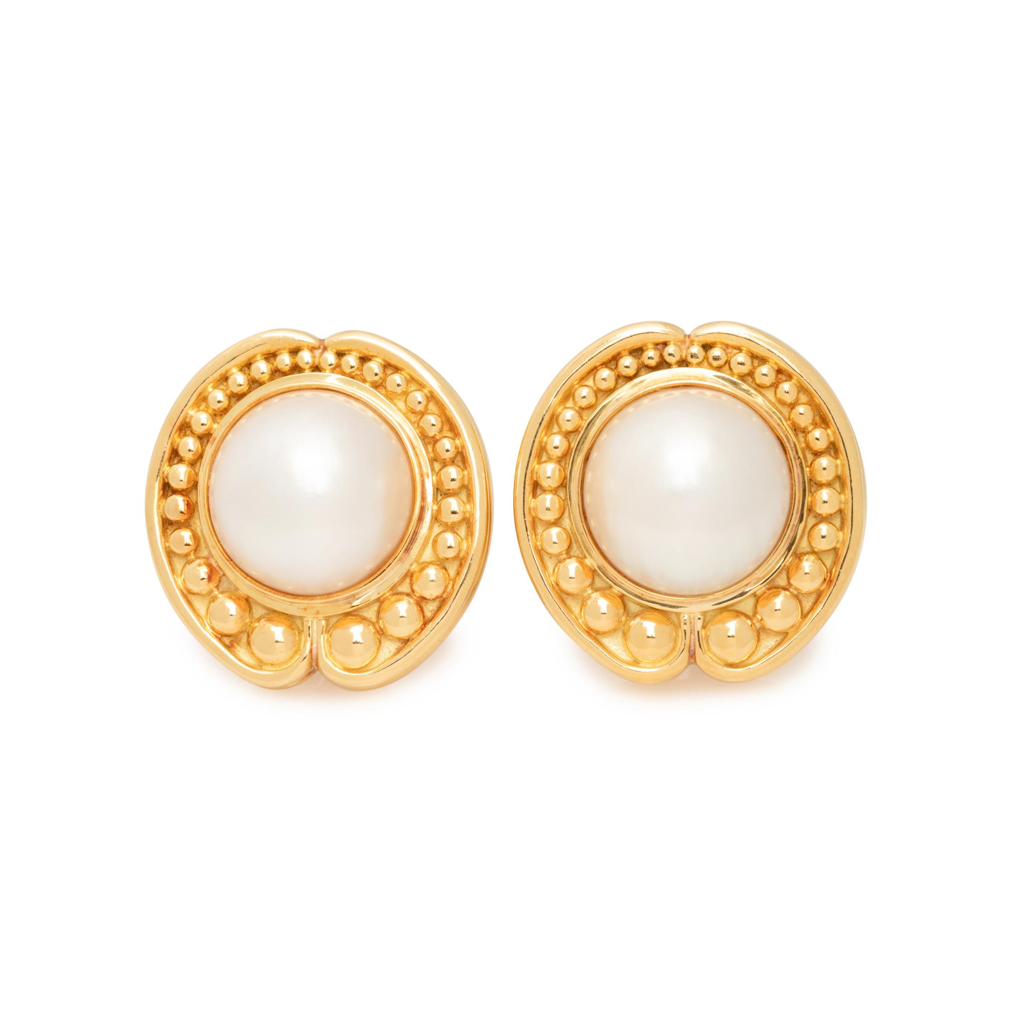SUSAN BERMAN, YELLOW GOLD AND CULTURED MABE PEARL EARCLIPS