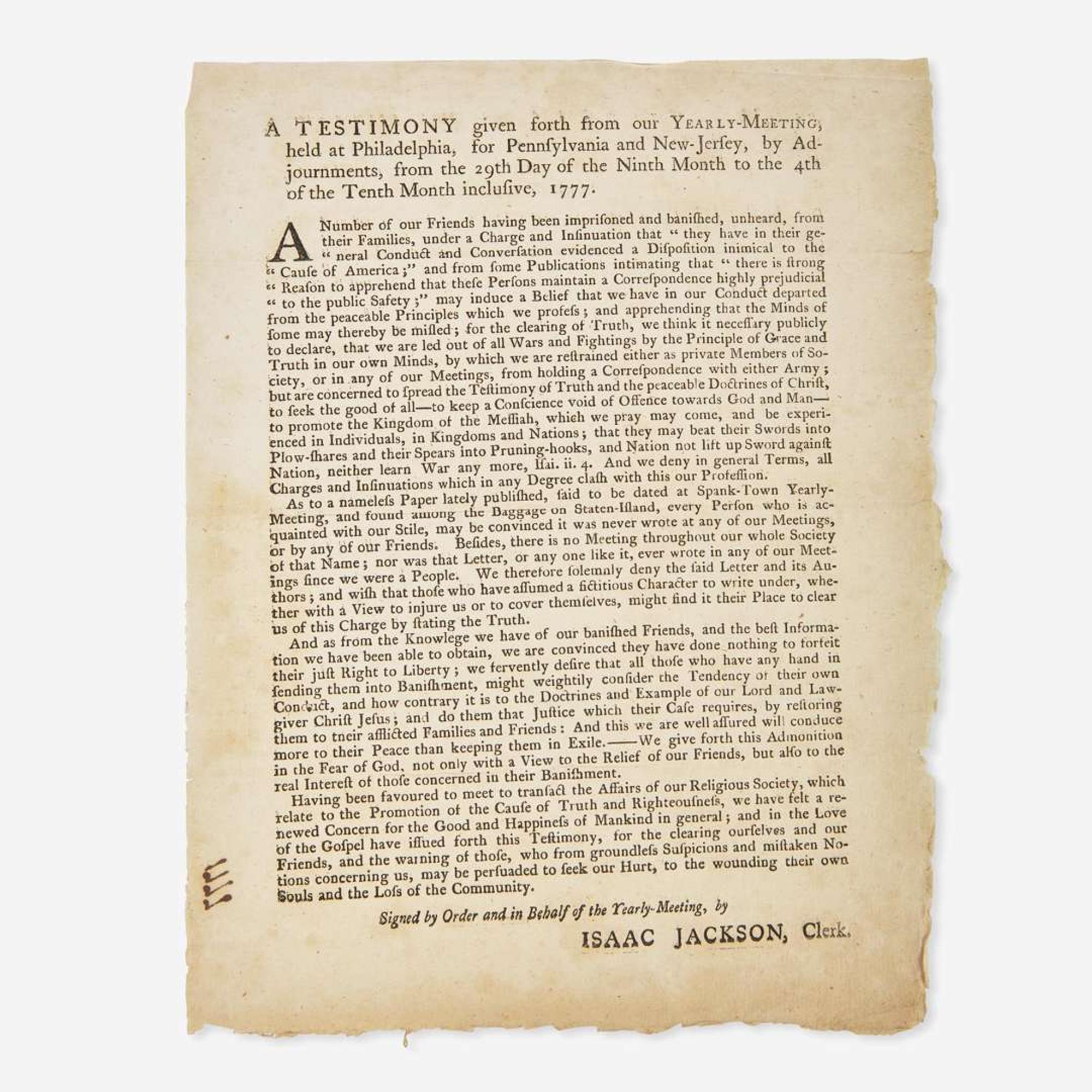 [Americana] [American Revolution] A Testimony given forth from our Yearly-Meeting, held at Philadelphia, for Pennsylvania and New-Jersey...from the 29th Day of the Ninth Month to the 4th of the Tenth Month...1777