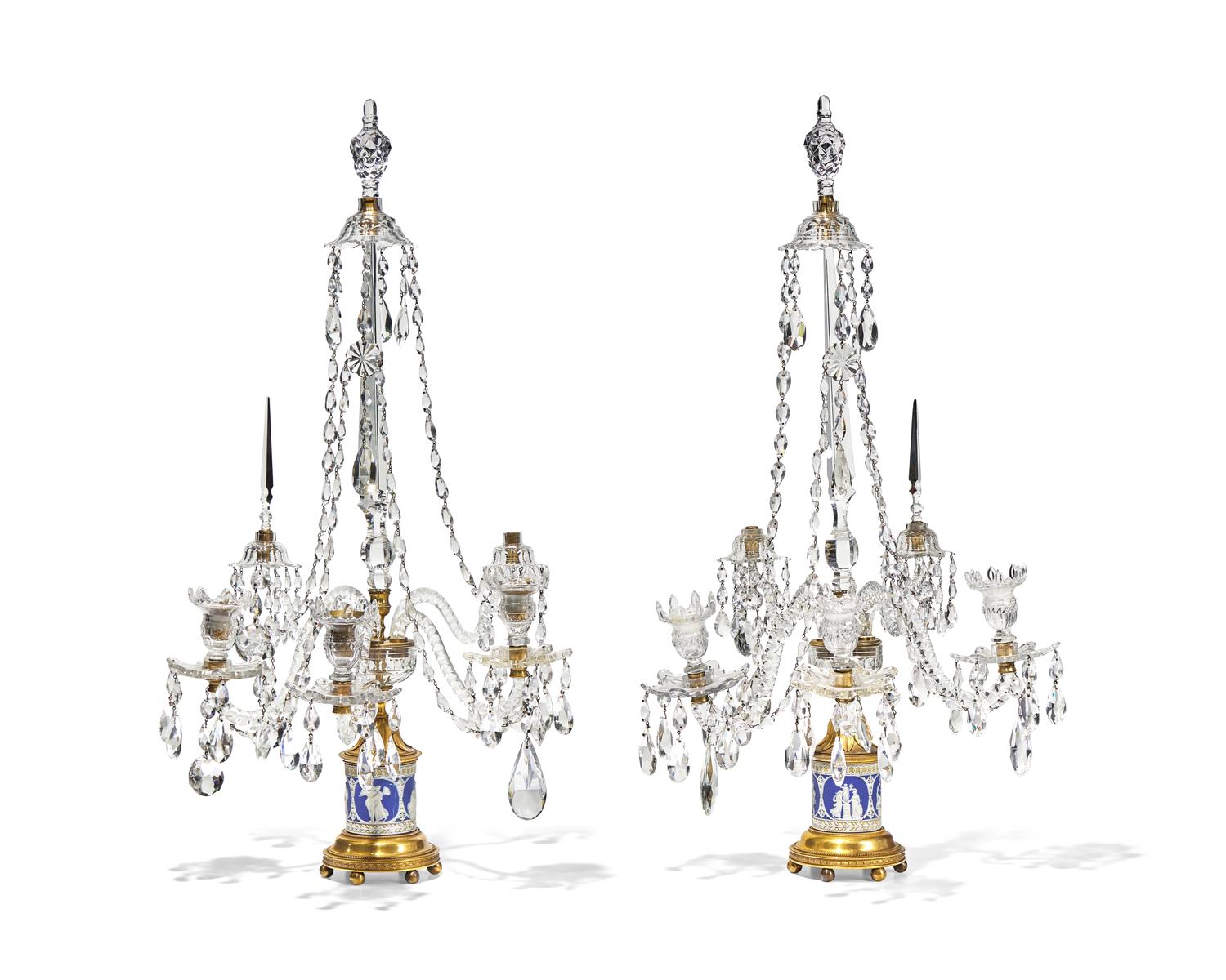 A Pair of George III Neoclassical Colorless Cut-Glass, Jasperware, and Gilt-Metal Girandoles