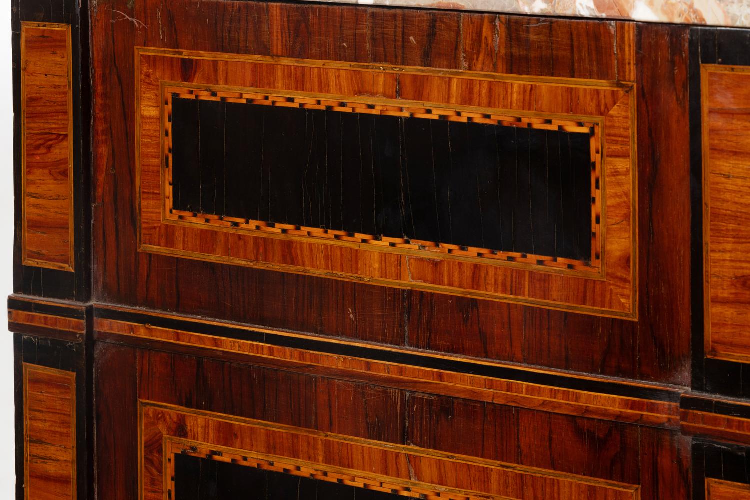 A North Italian Neoclassical Palisander, Ebony and Marquetry Marble-Top Bureau Commode