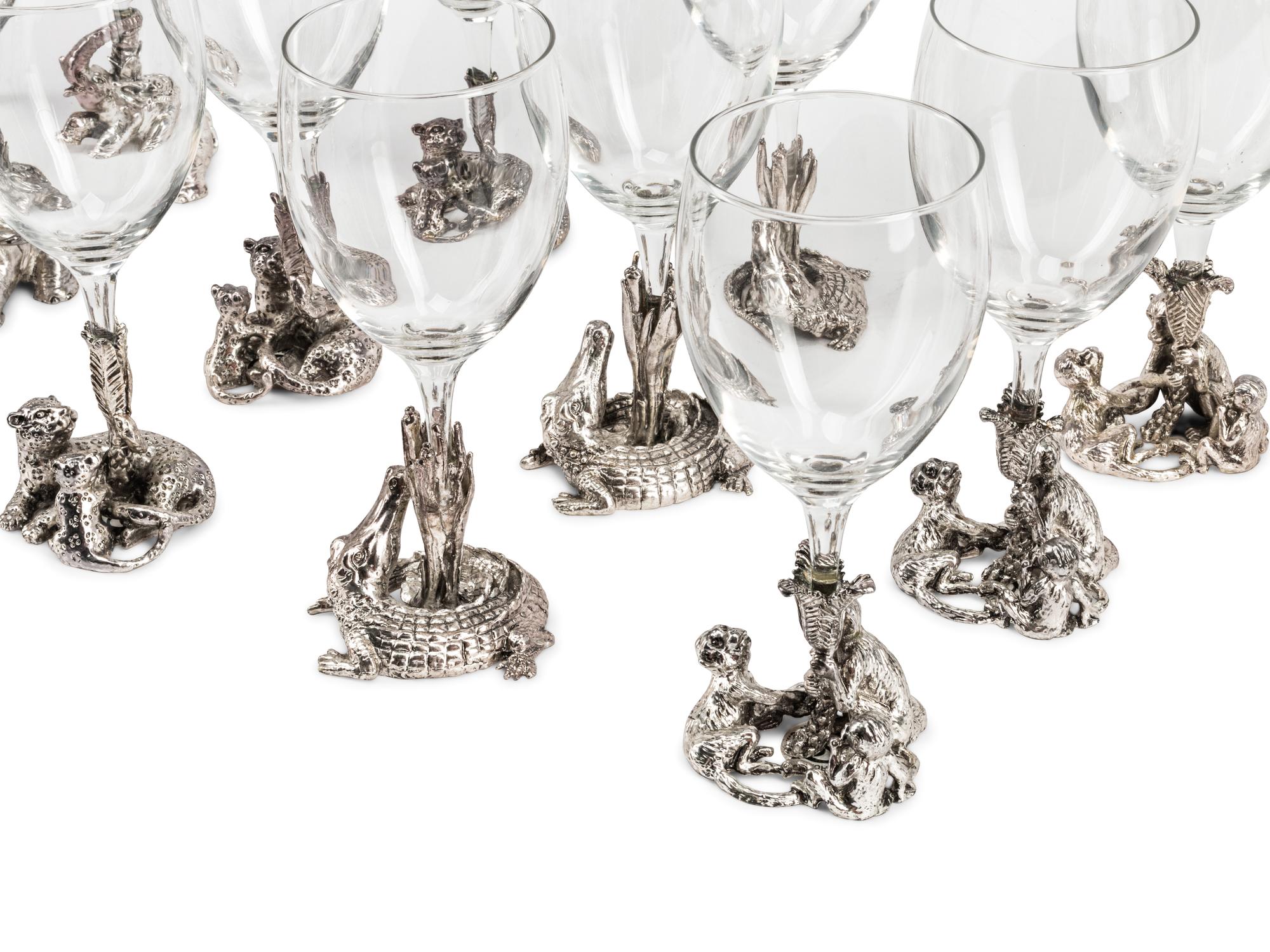 A Set of Fourteen Arthur Court Silvered Pewter and Glass Wine Stems