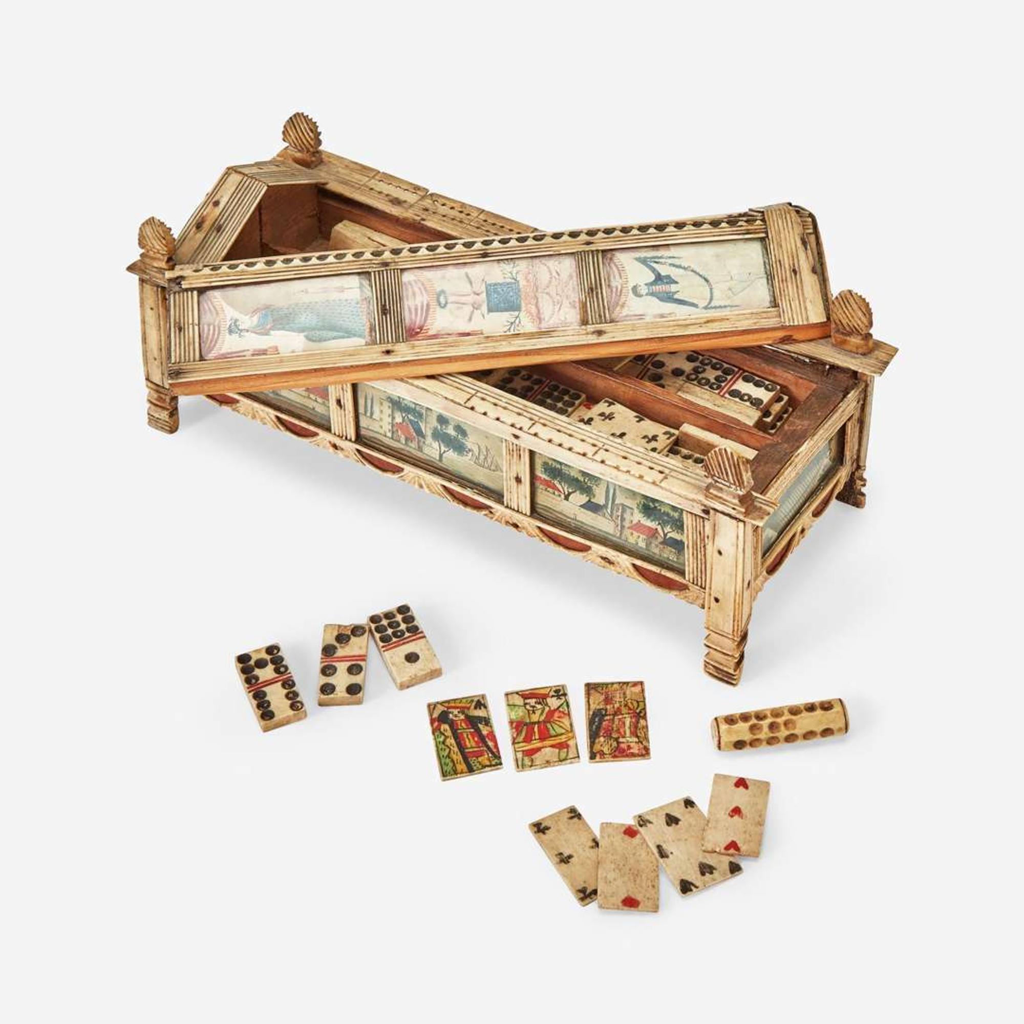 A Prisoner-of-War carved and paint-decorated bone game box circa 1815