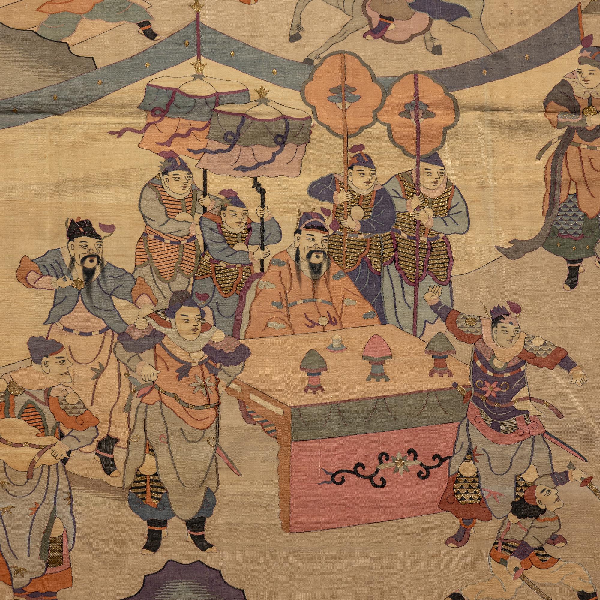 A Large Chinese Kesi Silk 'Battle Scene' Panel, Late Qing Dynasty — 清晚期 緙絲刀馬人物圖大挂賬
