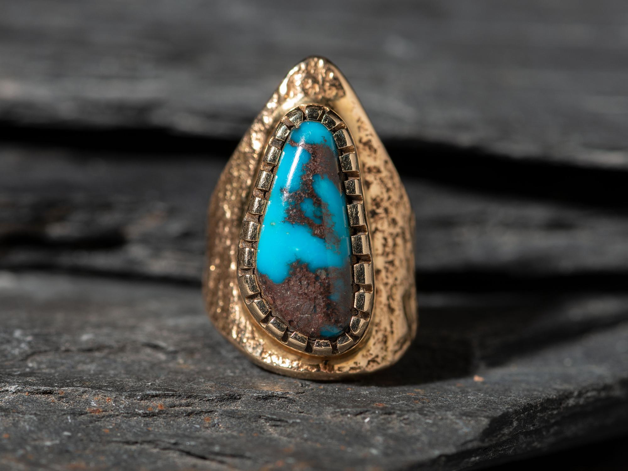 Bisbee Turquoise and 14K Gold Tufa Cast Shield Ring