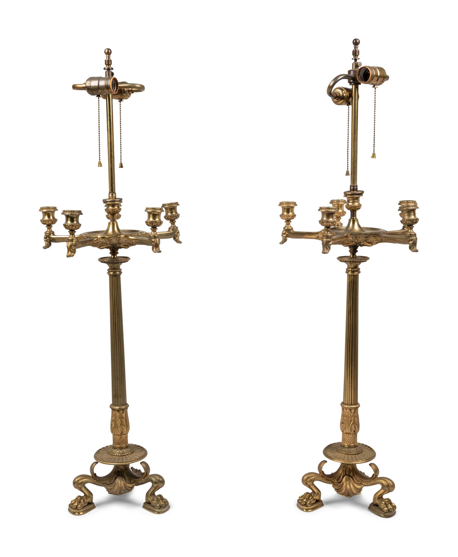 A Pair of Neoclassical Gilt Bronze Six-Light Candelabra Mounted as Lamps