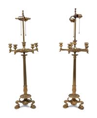 A Pair of Neoclassical Gilt Bronze Six-Light Candelabra Mounted as Lamps