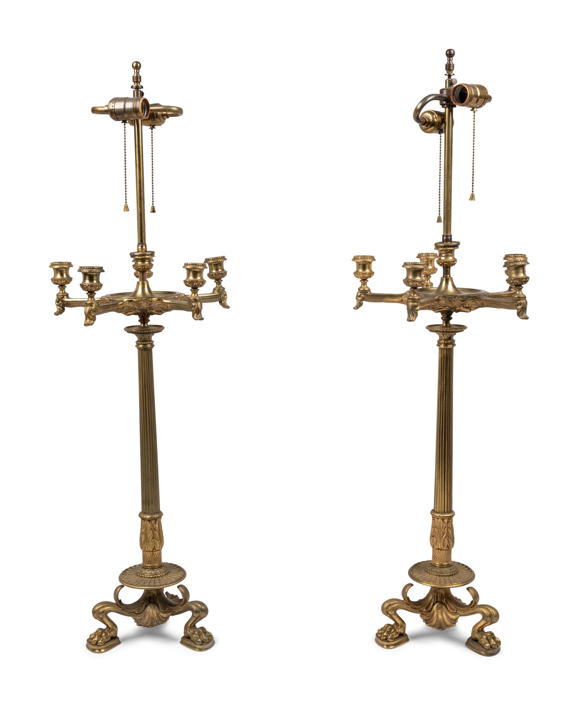 A Pair of Neoclassical Gilt Bronze Six-Light Candelabra Mounted as Lamps