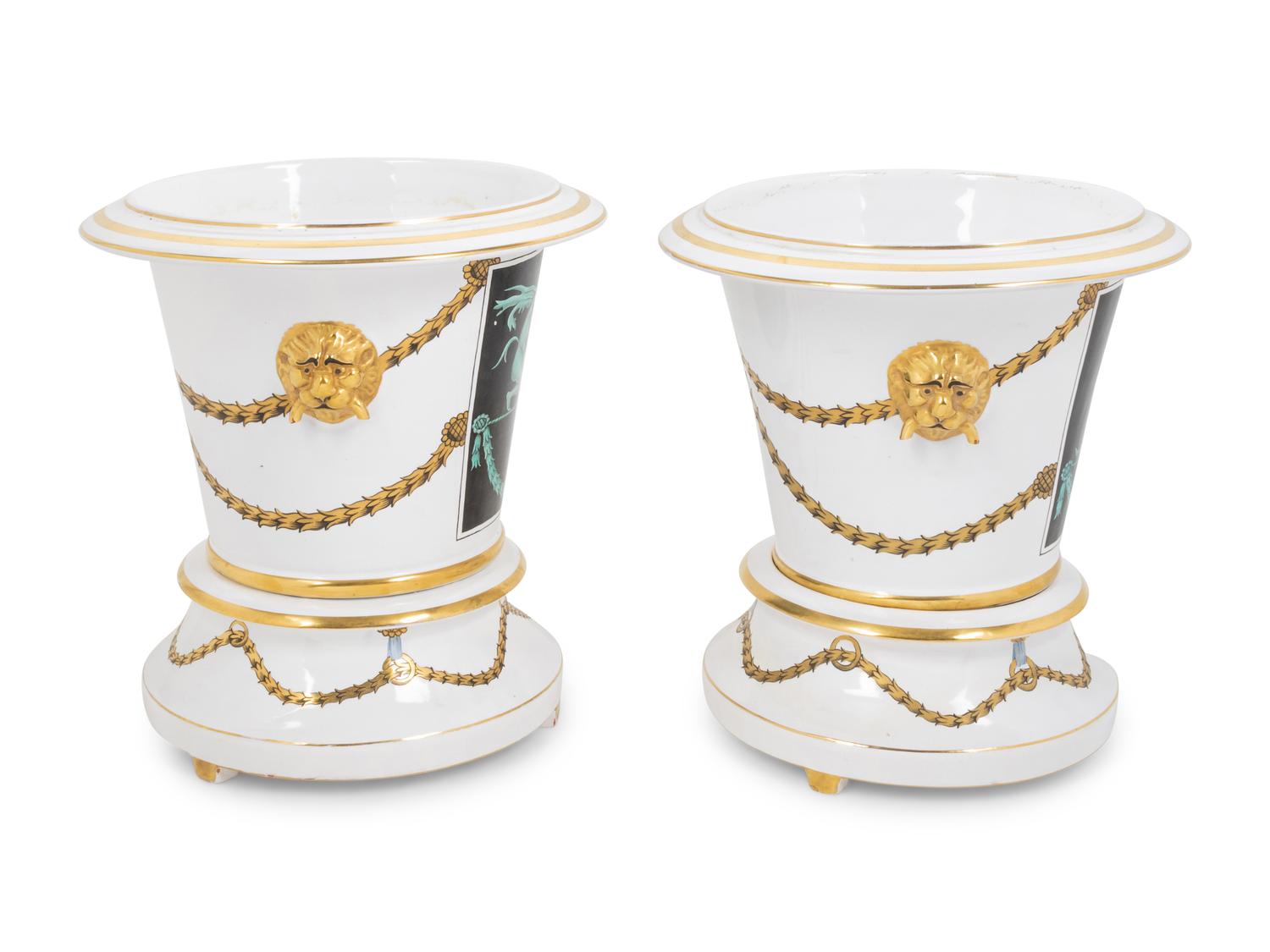 A Pair of Italian Porcelain Cache Pots in the Style of Gio Ponti