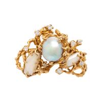 Cultured Pearl, Diamond, and Yellow Gold Brooch