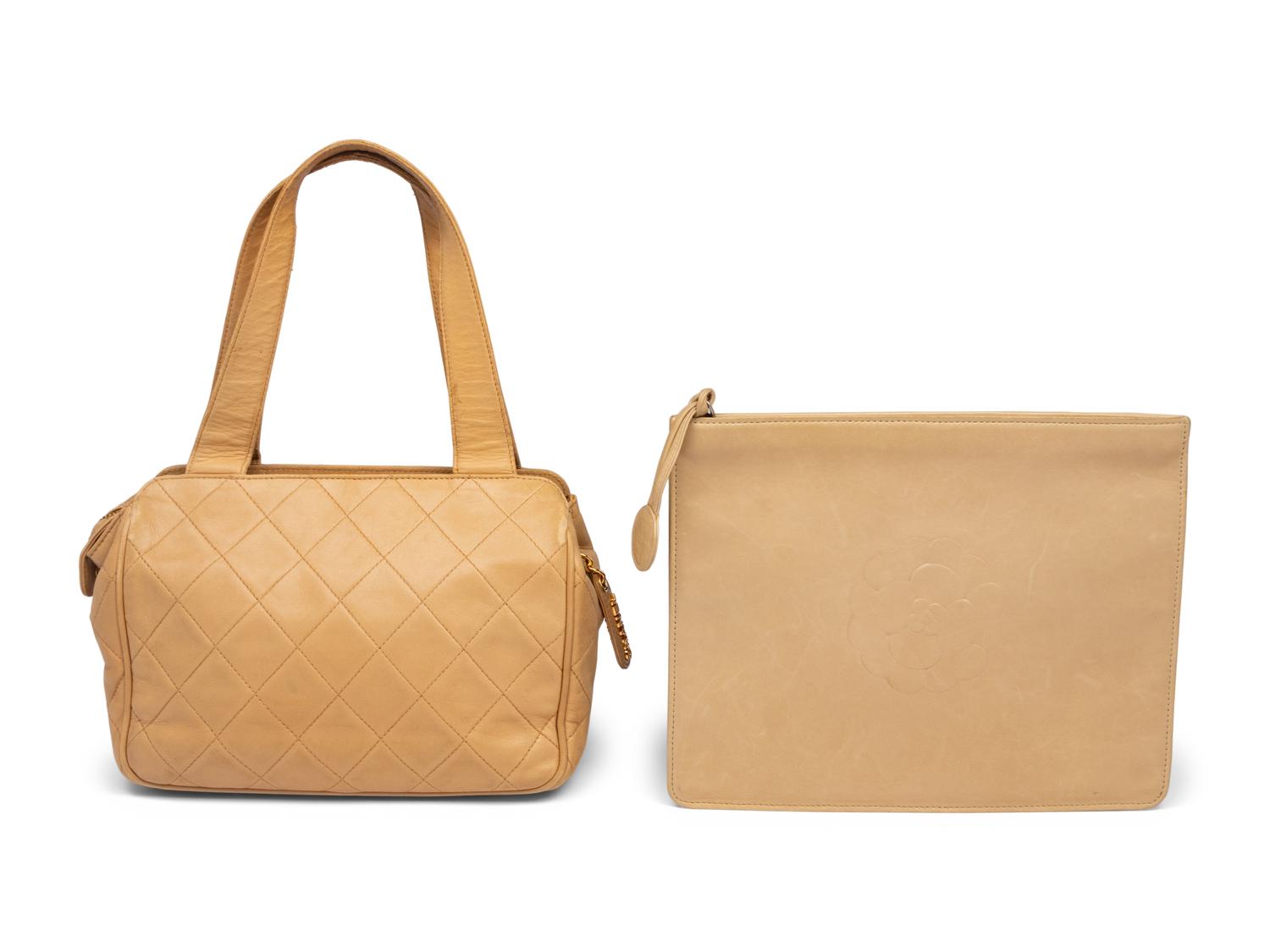 Chanel Tan Lambskin Handbag and Pouch