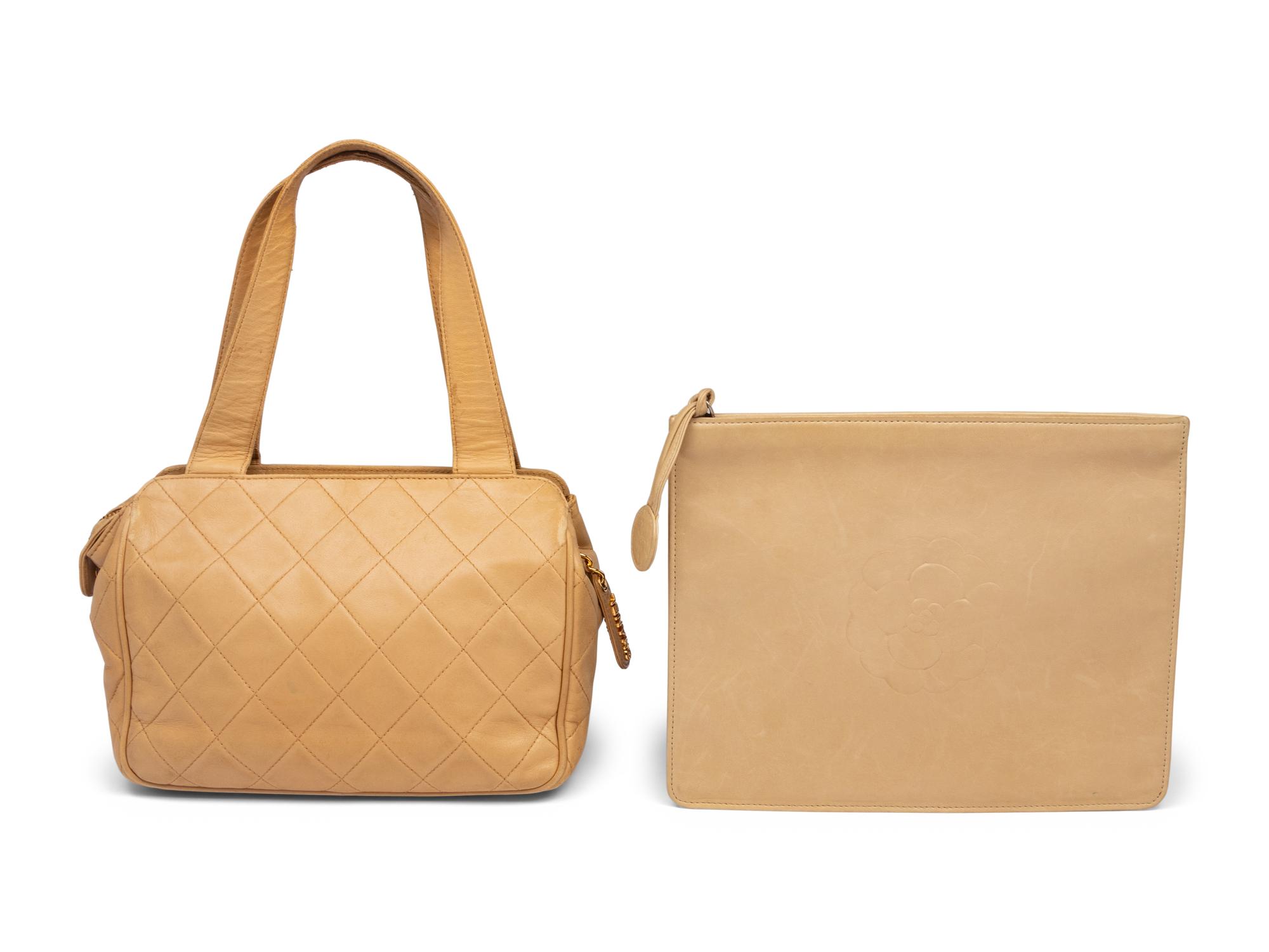 Chanel Tan Lambskin Handbag and Pouch