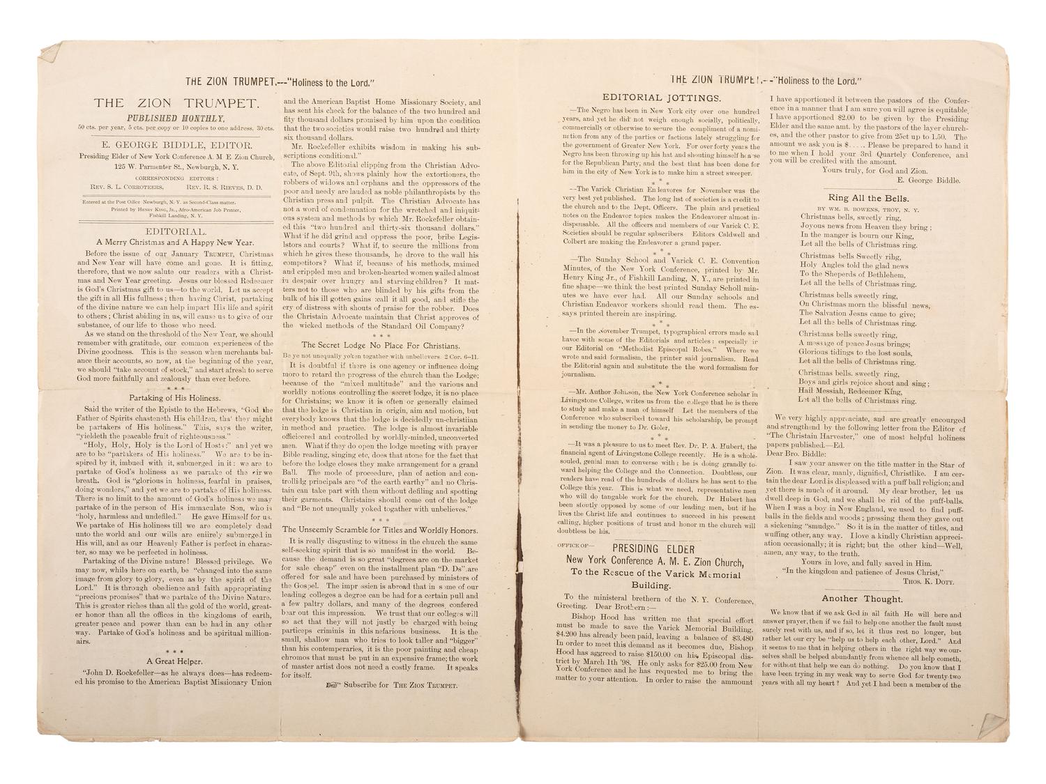 [CIVIL WAR]. Two issues of The Zion Trumpet , published by the Rev. Eli George Biddle (1846-1940), veteran of the 54th Massachusetts Infantry regiment.