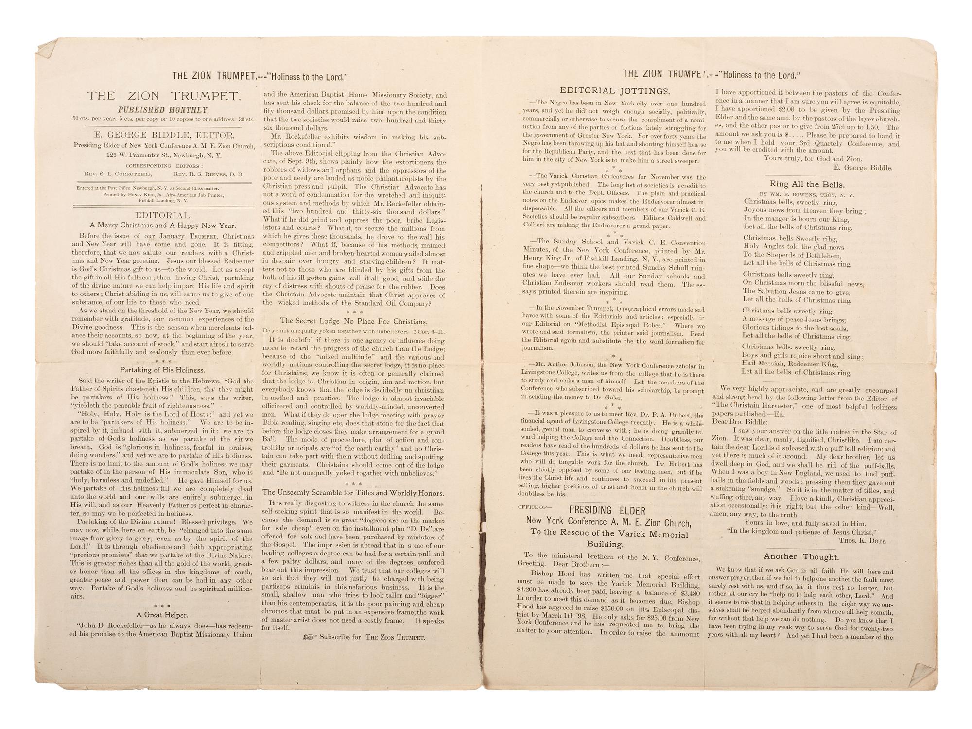 [CIVIL WAR]. Two issues of The Zion Trumpet , published by the Rev. Eli George Biddle (1846-1940), veteran of the 54th Massachusetts Infantry regiment.