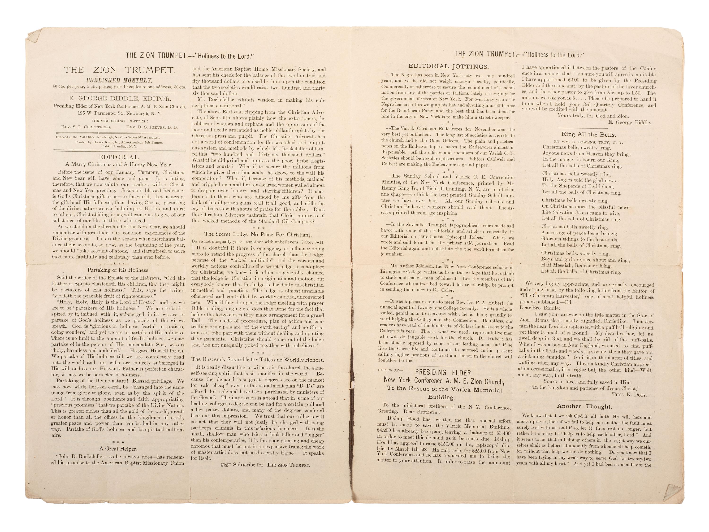[CIVIL WAR]. Two issues of The Zion Trumpet , published by the Rev. Eli George Biddle (1846-1940), veteran of the 54th Massachusetts Infantry regiment.
