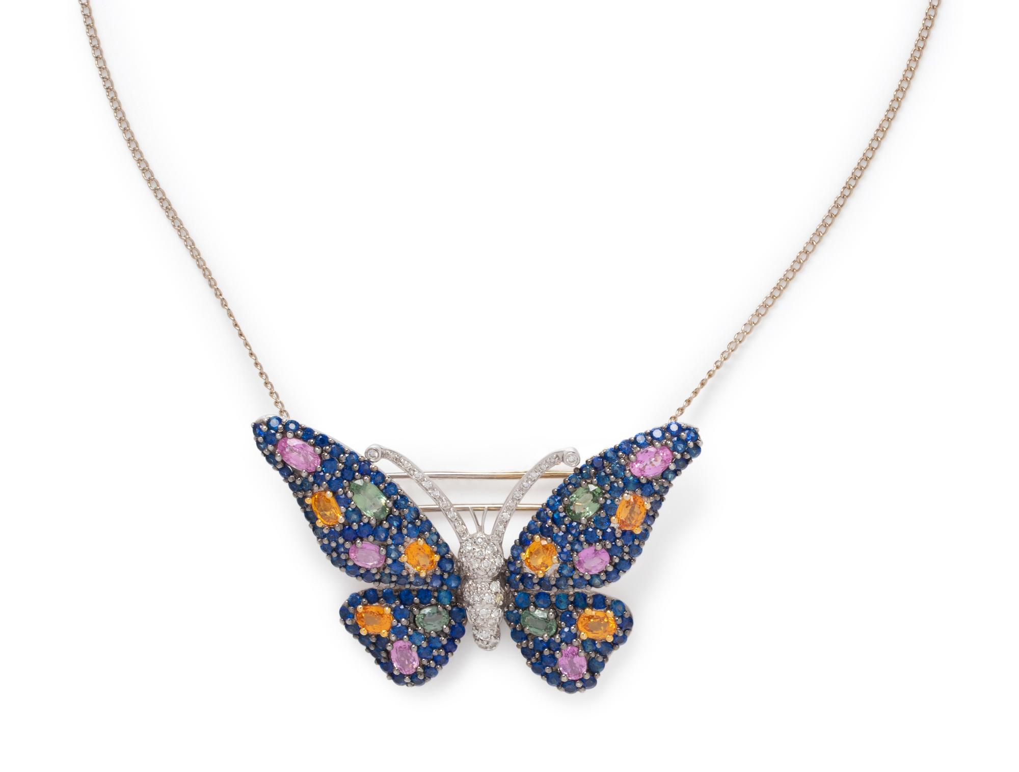 SOLD: MULTICOLOR SAPPHIRE AND DIAMOND BUTTERFLY PENDANT/BROOCH