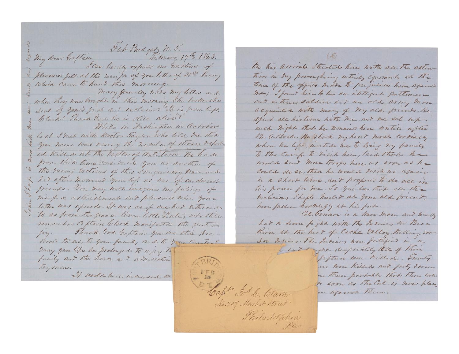 [WESTERN AMERICANA -- CIVIL WAR -- LINCOLN]. Papers of Captain Joseph Claypoole Clark, 4th US Light Artillery, Battery E, WIA Antietam, including frontier and Civil War correspondence, photography, and appointment signed by Lincoln as President.