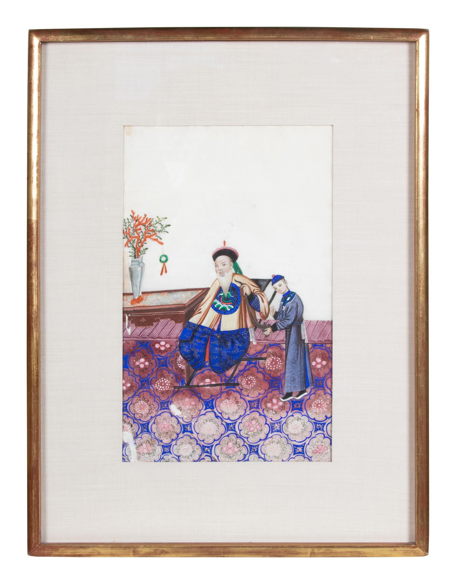 A Set of Three Chinese Export Paintings on Pith Paper, Depicting Court Scenes