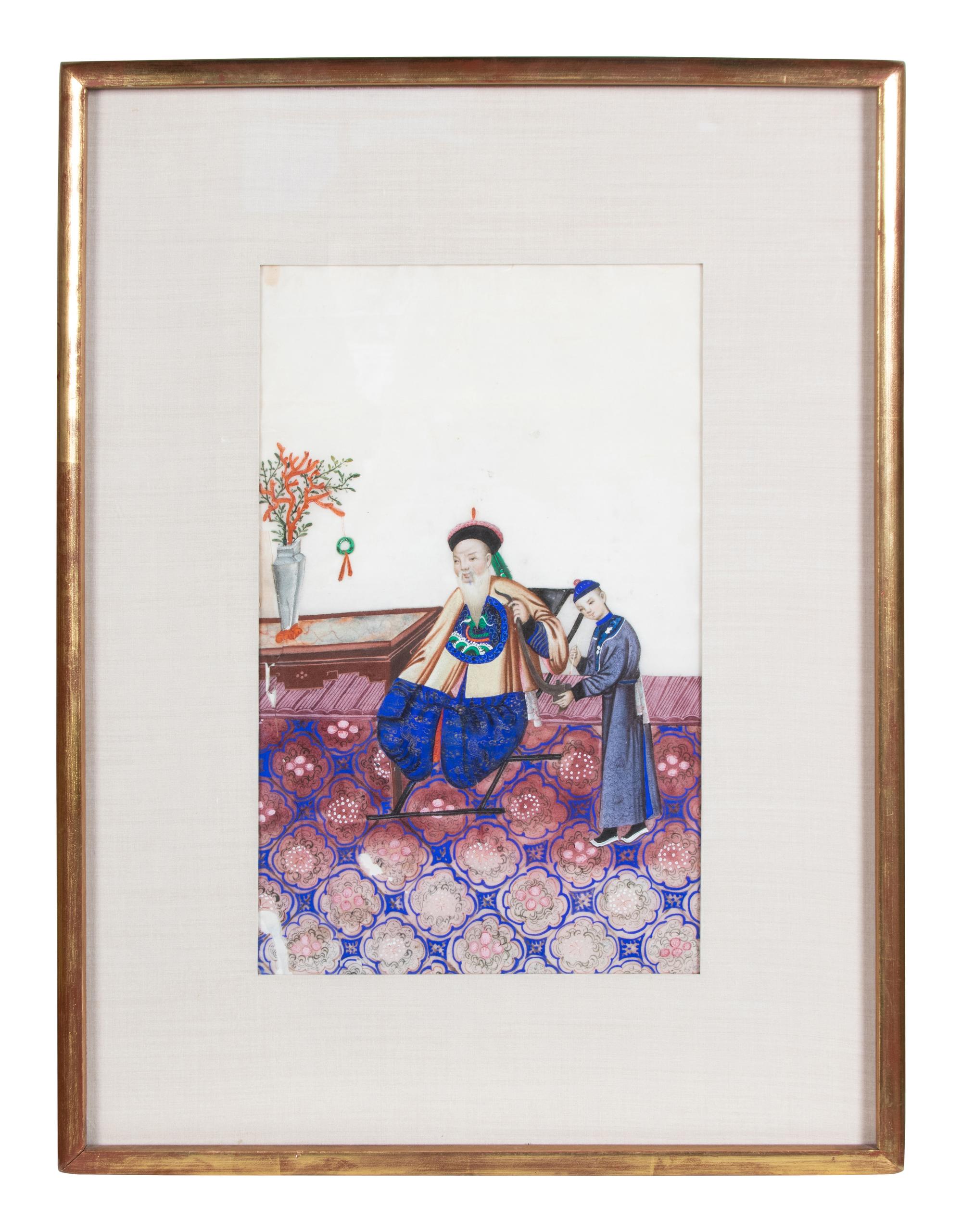 A Set of Three Chinese Export Paintings on Pith Paper, Depicting Court Scenes