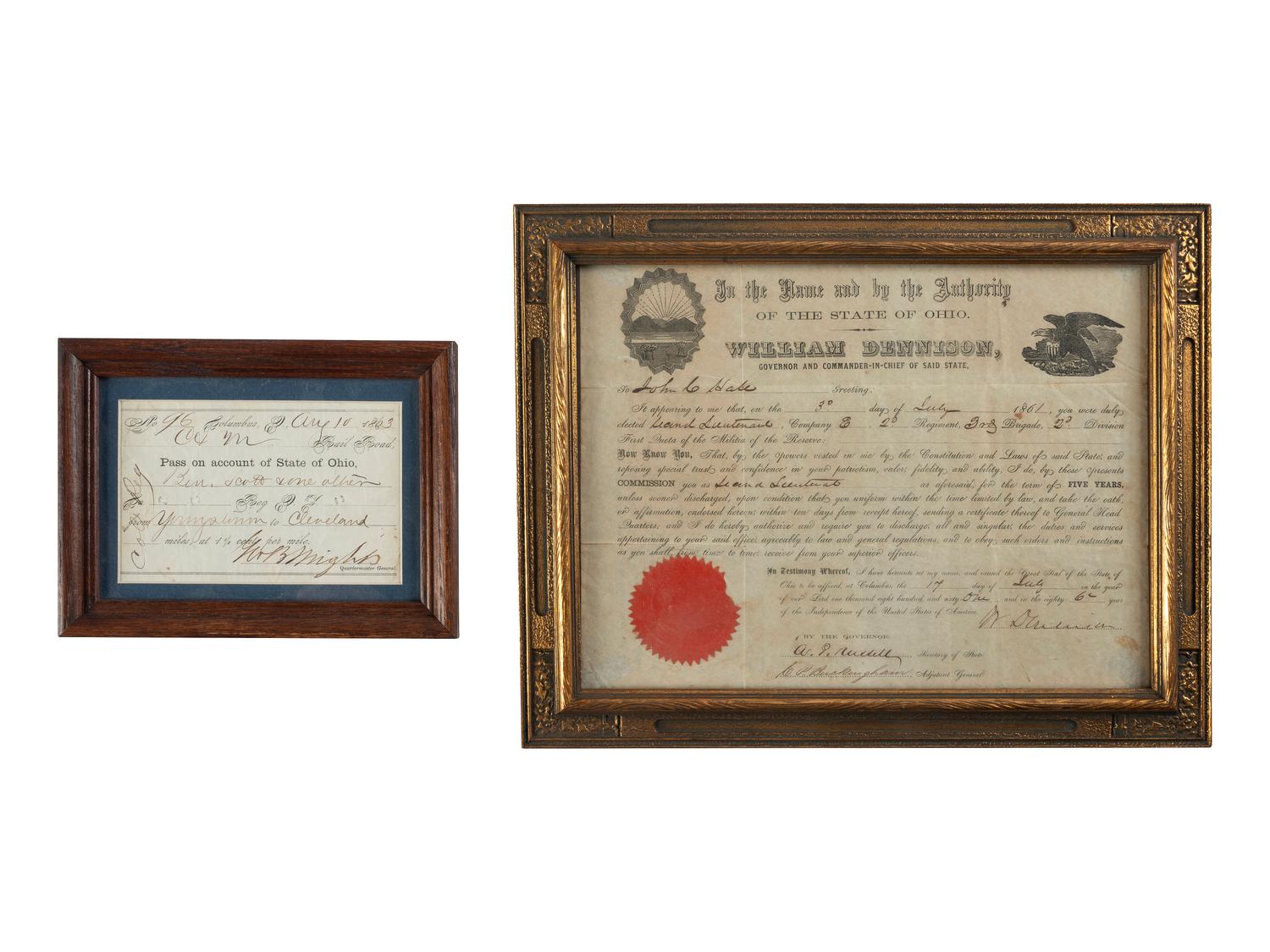 [CIVIL WAR]. Railroad pass for Benjamin Scott on his way to enlist with a "Col[ored] Reg[iment]. Columbus, OH, 10 August 1863. [ With :] DENNISON, William (1815-1882). Partly printed document signed ("W Dennison"), as Governor of Ohio. 1861.