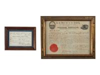 [CIVIL WAR]. Railroad pass for Benjamin Scott on his way to enlist with a "Col[ored] Reg[iment]. Columbus, OH, 10 August 1863. [ With :] DENNISON, William (1815-1882). Partly printed document signed ("W Dennison"), as Governor of Ohio. 1861.