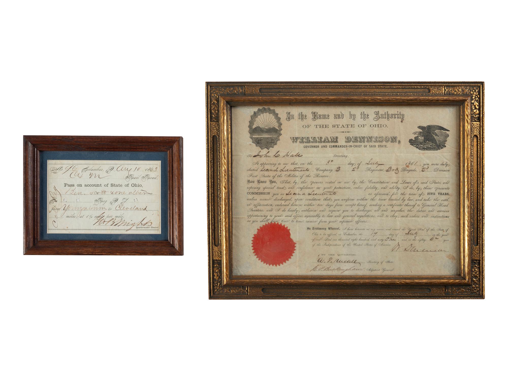 [CIVIL WAR]. Railroad pass for Benjamin Scott on his way to enlist with a "Col[ored] Reg[iment]. Columbus, OH, 10 August 1863. [ With :] DENNISON, William (1815-1882). Partly printed document signed ("W Dennison"), as Governor of Ohio. 1861.