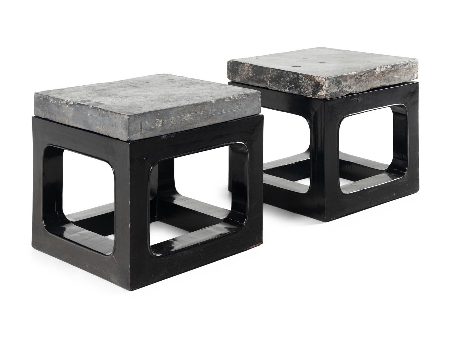 A Pair of Chinese 'Gold Brick' Jinzhuan Stele Top Side Tables, Daoguang Period 清道光十八年 金磚一對