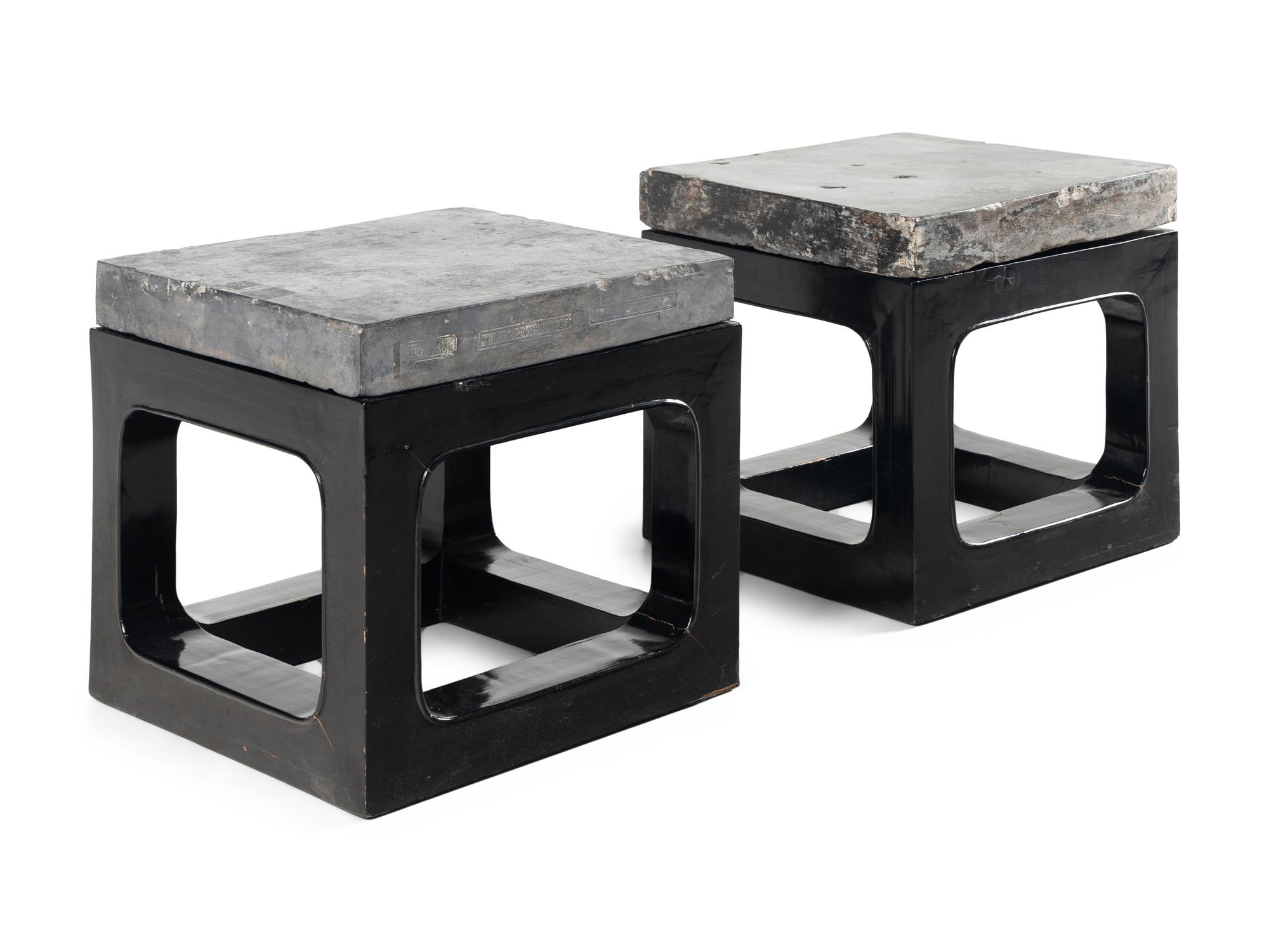 A Pair of Chinese 'Gold Brick' Jinzhuan Stele Top Side Tables, Daoguang Period 清道光十八年 金磚一對