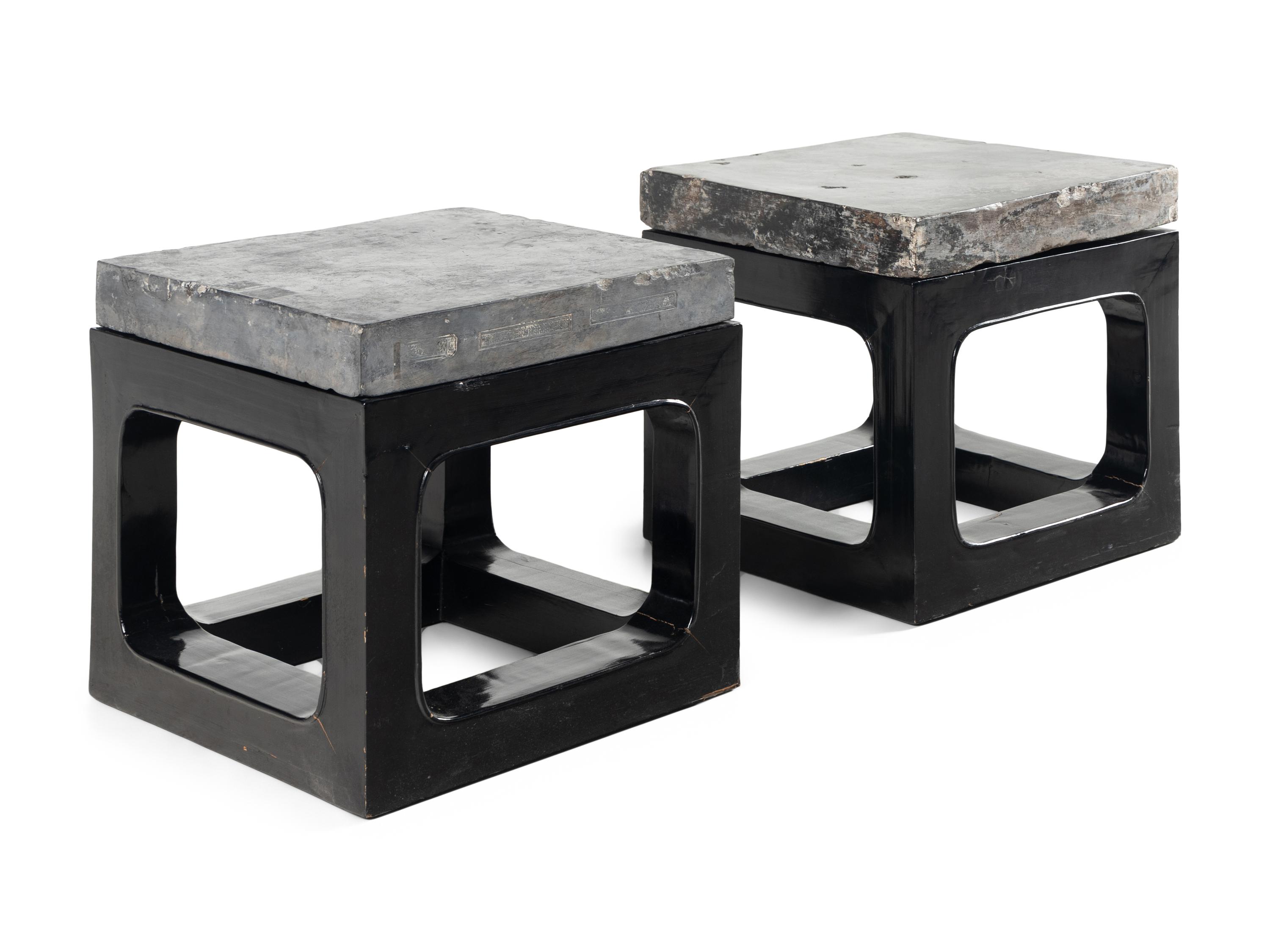 A Pair of Chinese 'Gold Brick' Jinzhuan Stele Top Side Tables, Daoguang Period 清道光十八年 金磚一對