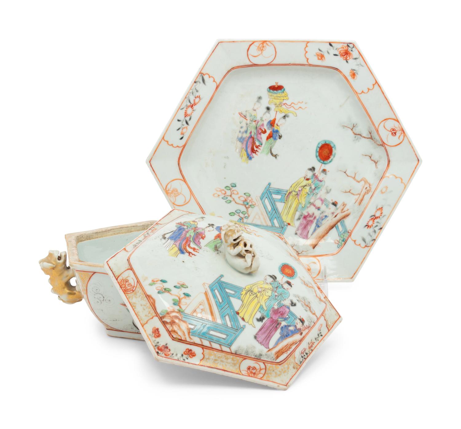 A Chinese Export Famille Rose Hexagonal Tureen and Underplate