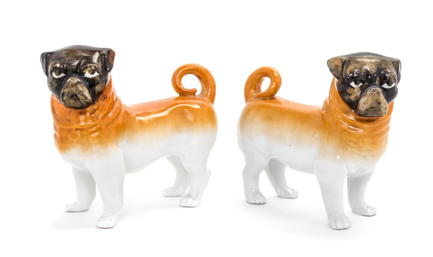 A Pair of Chinese Export Porcelain Models of Pugs Width 7 inches.
