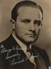 WARREN, Leonard (1911-1960). Black and white photographic portrait, signed (“Leonard Warren”) and additionally inscribed to Lorenzo Q. Quesada, n.d.
