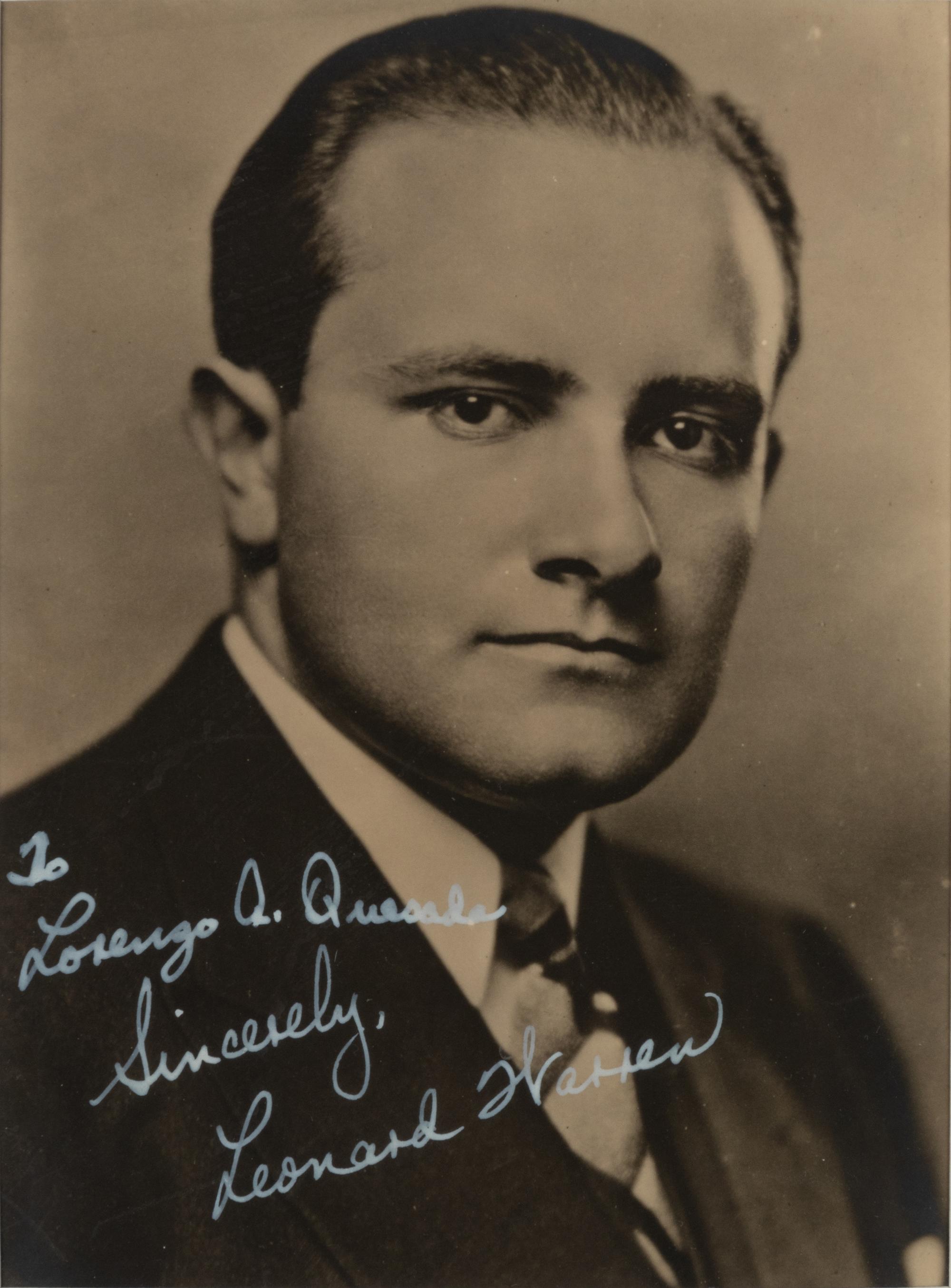 WARREN, Leonard (1911-1960). Black and white photographic portrait, signed (“Leonard Warren”) and additionally inscribed to Lorenzo Q. Quesada, n.d.